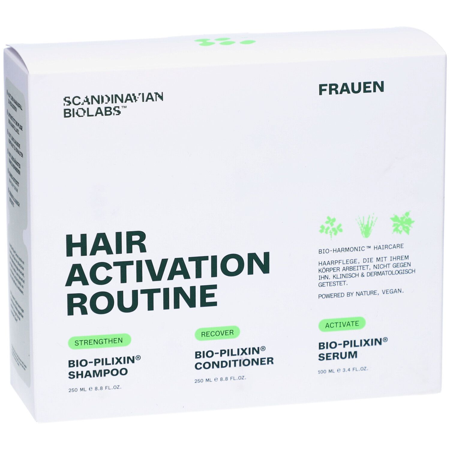 Produktverpackung. Weißer Karton mit Produktnamen und Logo. Enthält Shampoo, Conditioner und Serum. Text: Hair Activation Routine.