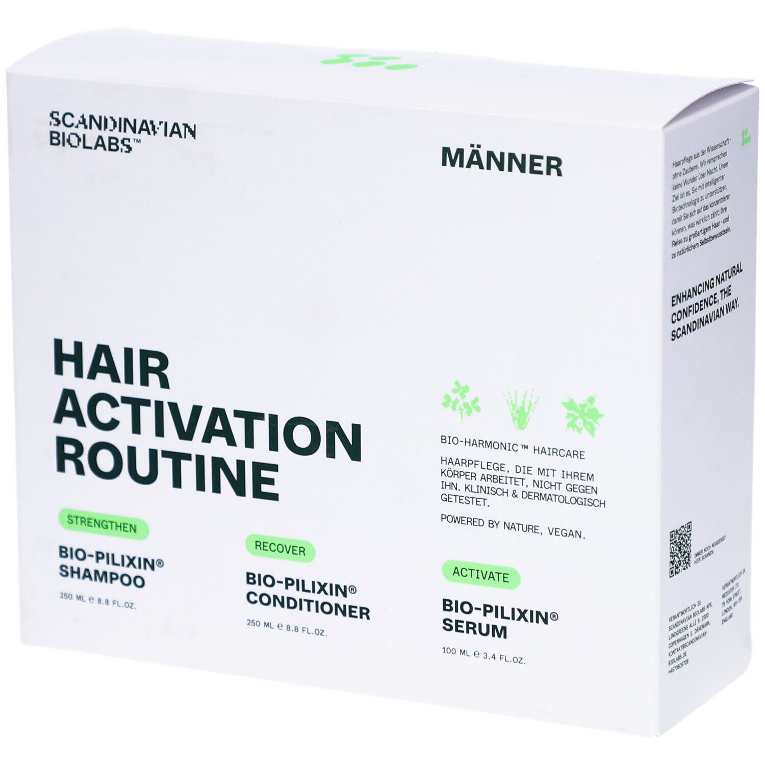 Verpackung des Sets für Männer. Enthält Shampoo, Conditioner und Serum. Text: Hair Activation Routine.