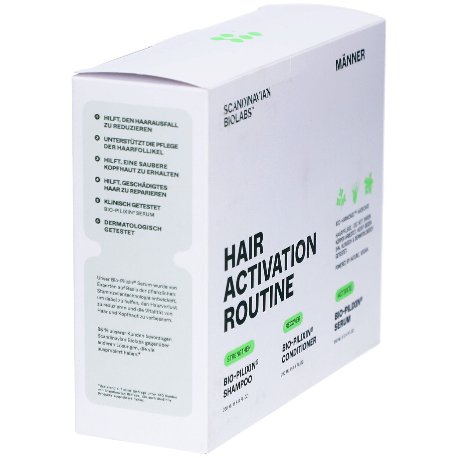 Verpackung des Sets für Männer. Enthält Shampoo, Conditioner und Serum. Text: Hair Activation Routine.