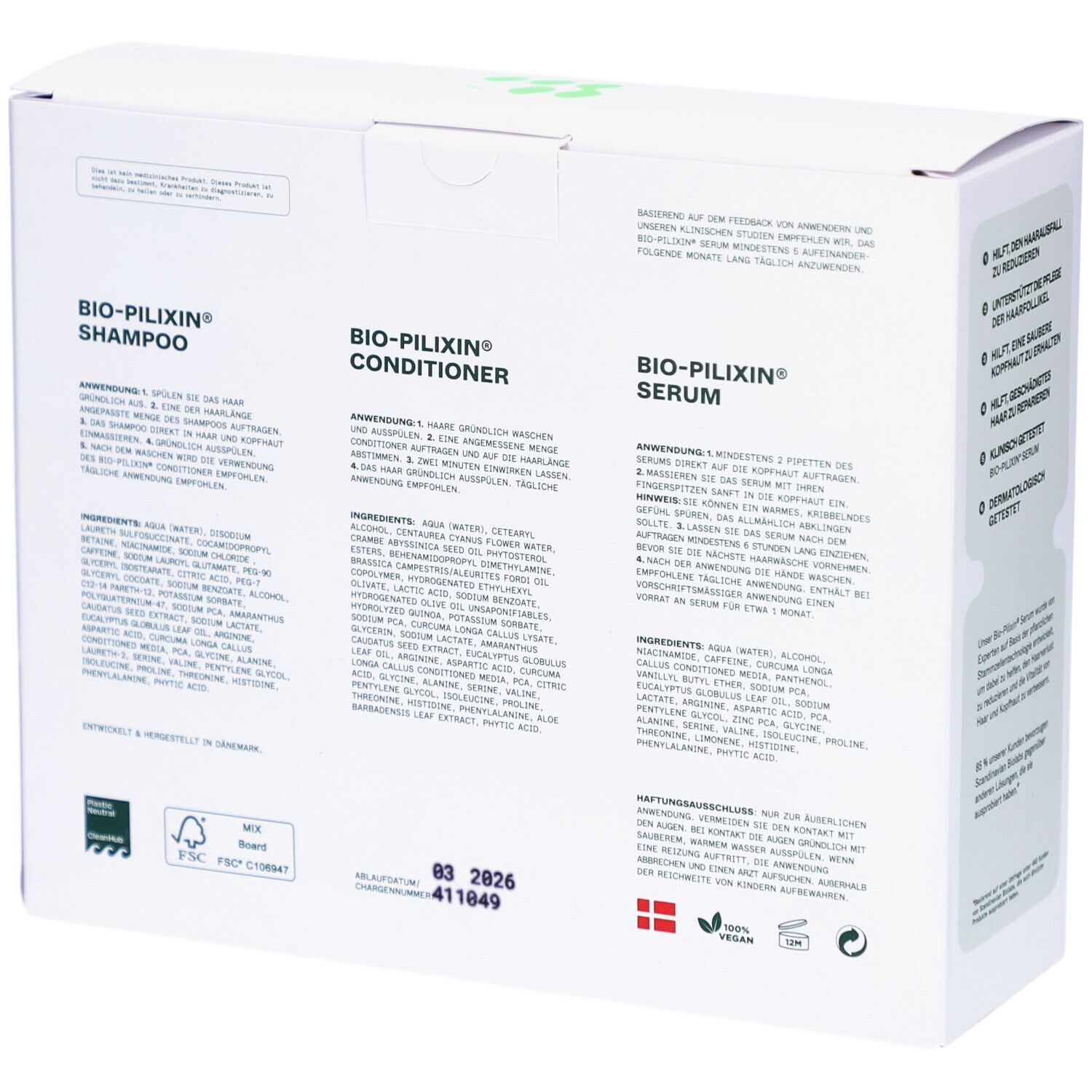 Rückseite der Verpackung. Enthält Informationen zu Inhaltsstoffen und Anwendung der Produkte.
