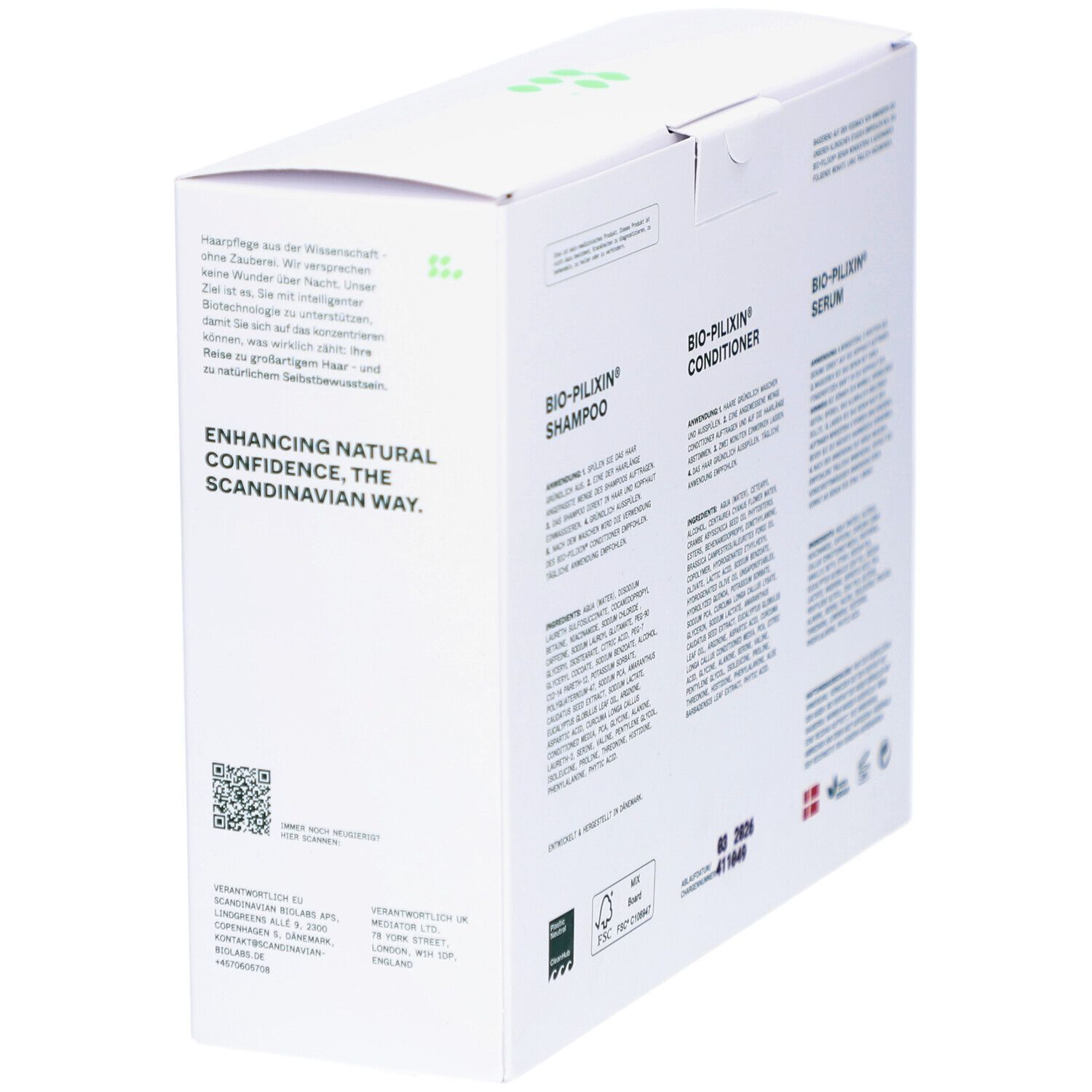Rückseite der Verpackung. Enthält Informationen zu Inhaltsstoffen und Anwendung der Produkte.