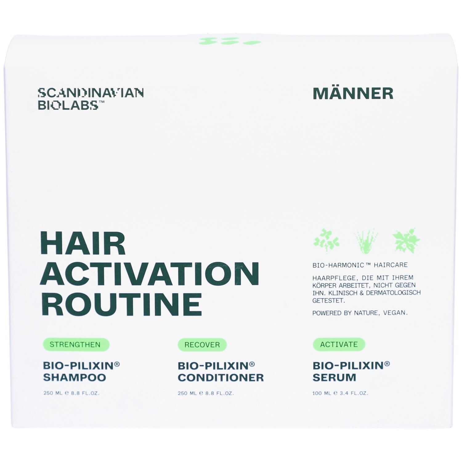 Verpackung des Sets für Männer. Enthält Shampoo, Conditioner und Serum. Text: Hair Activation Routine.
