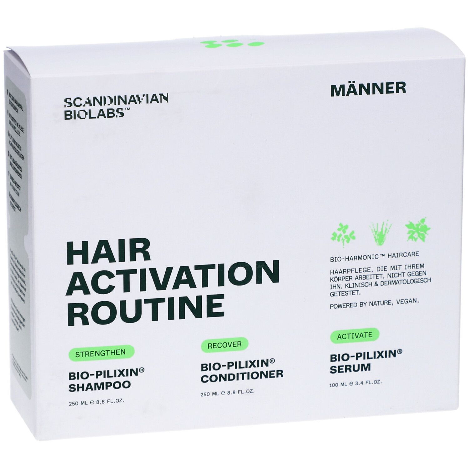 Verpackung des Sets für Männer. Enthält Shampoo, Conditioner und Serum. Text: Hair Activation Routine.