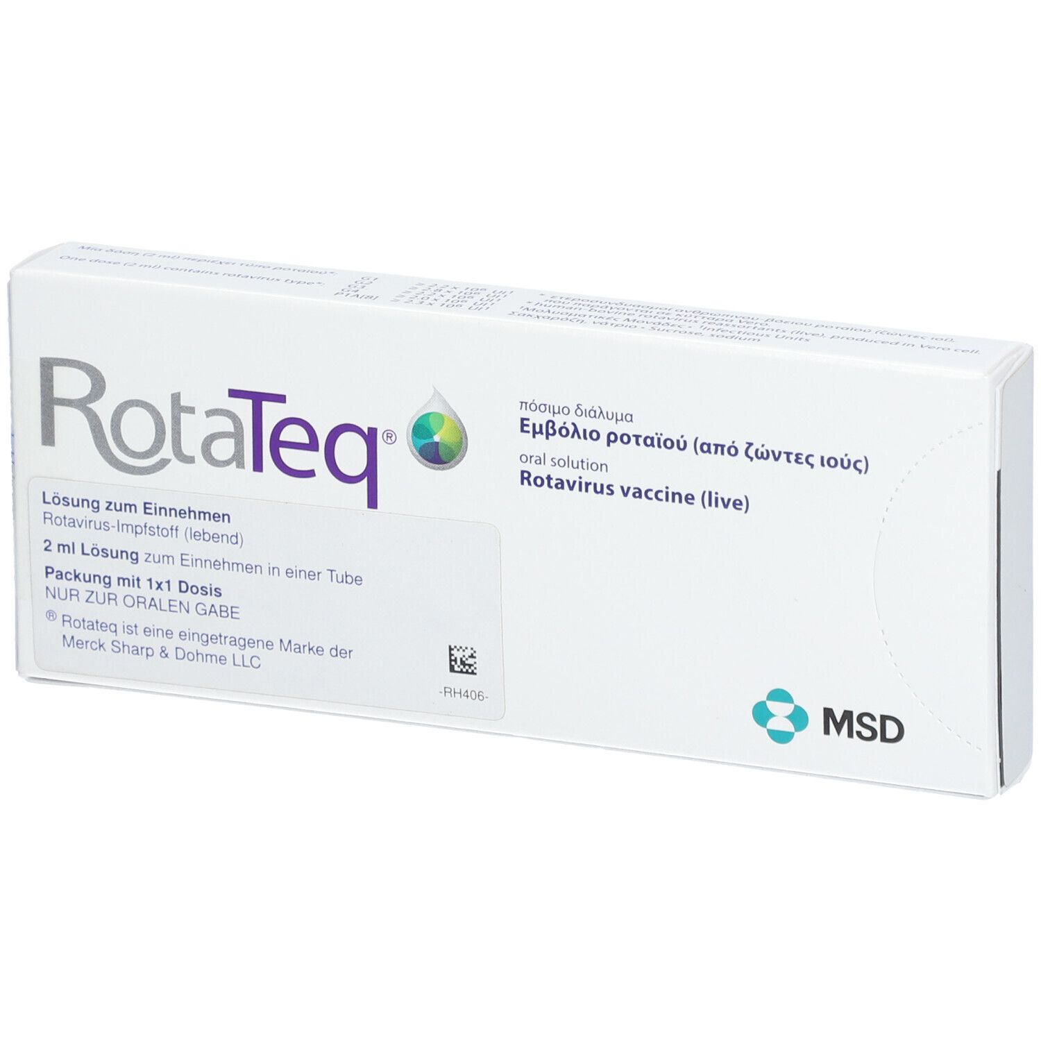 Weiße Verpackung mit Aufschrift RotaTeq. Enthält 2 ml Lösung zum Einnehmen. Marke MSD.