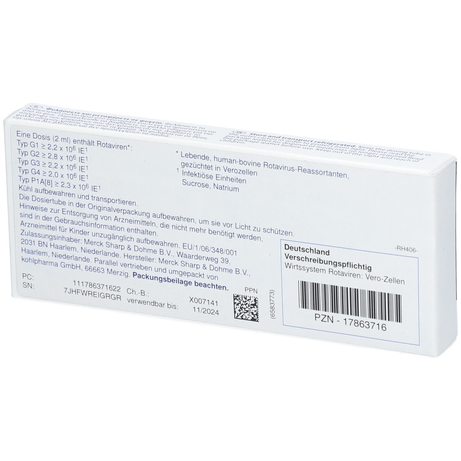 Rückseite der weißen RotaTeq-Verpackung. Enthält Informationen und Barcode.