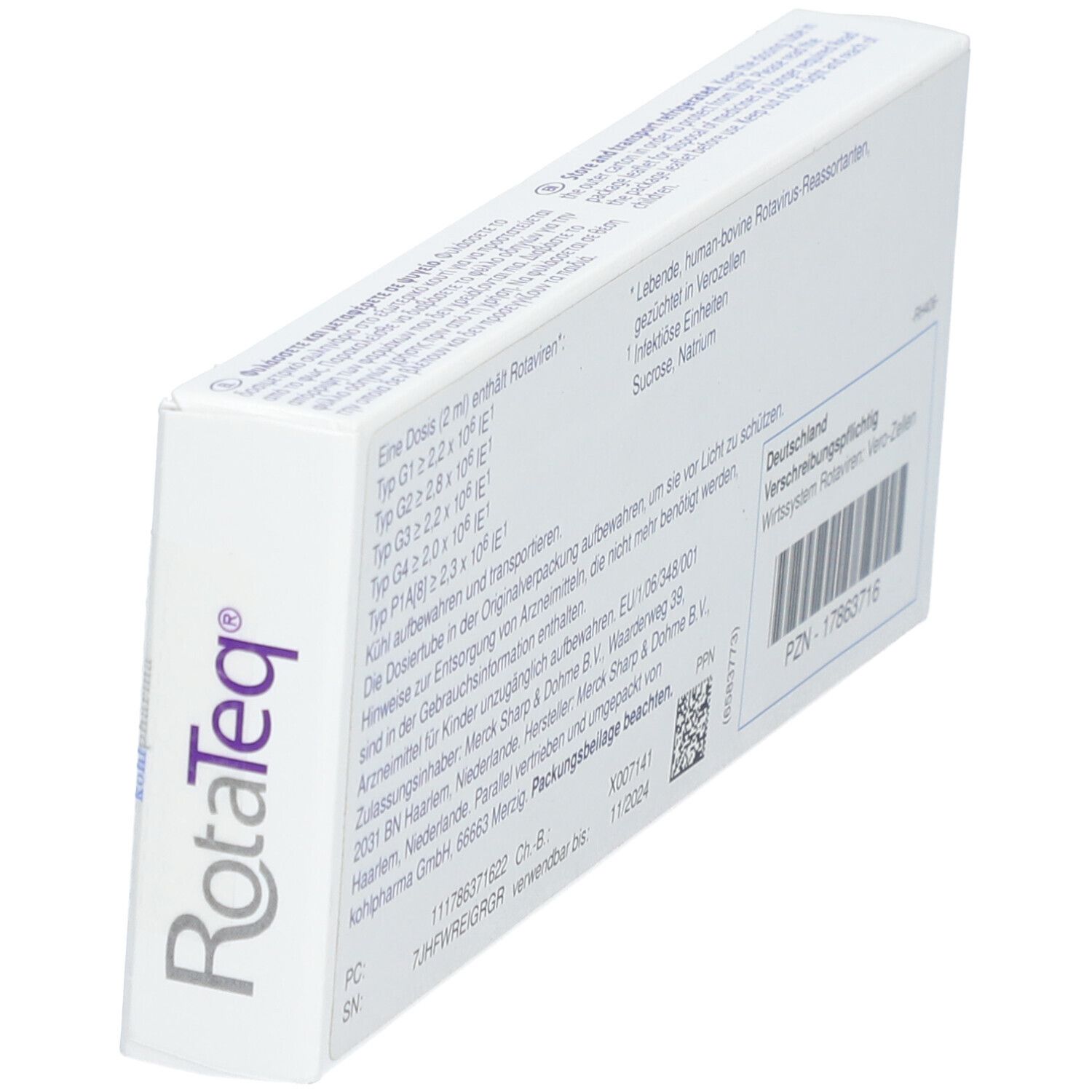Schräg gestellte Rückseite der weißen RotaTeq-Verpackung. Informationen und Barcode.