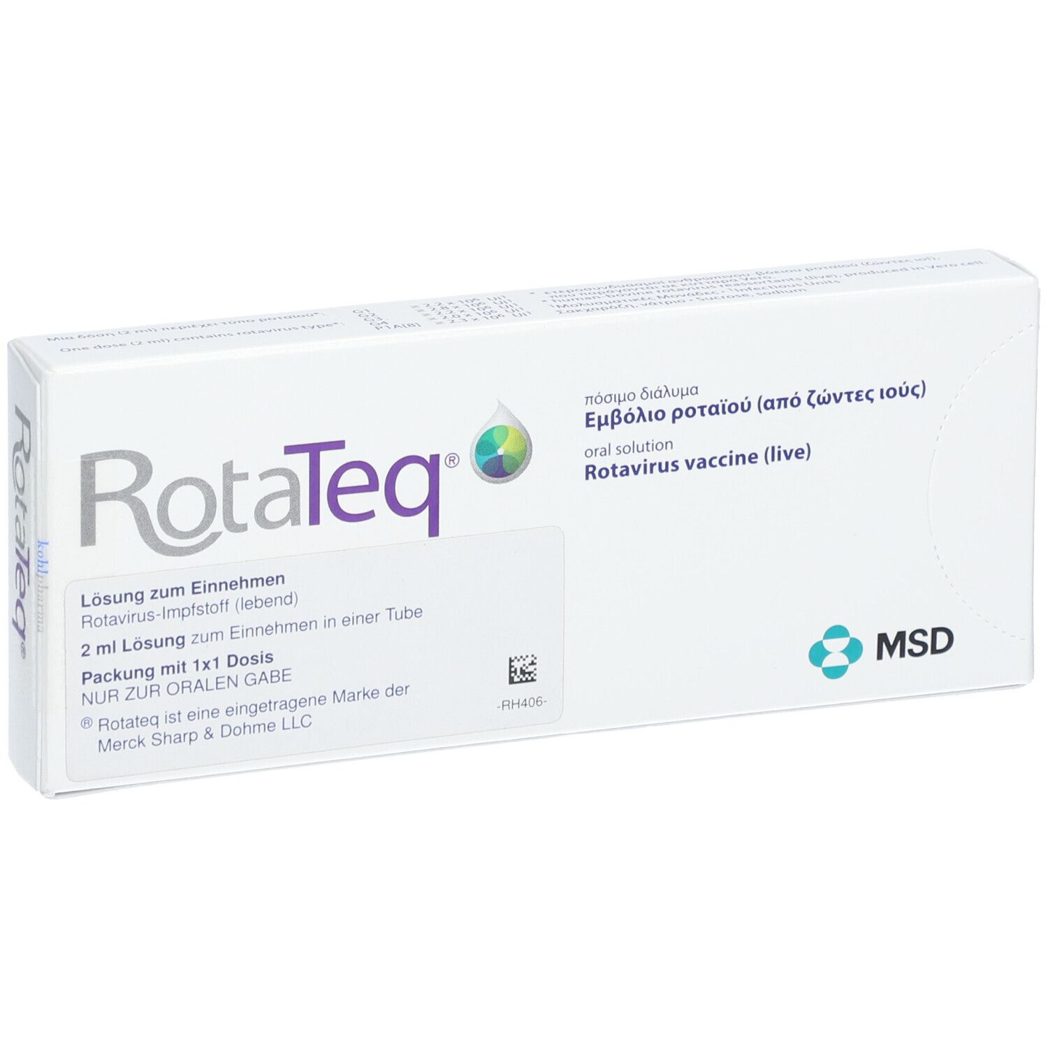Weiße Verpackung mit Aufschrift RotaTeq. Enthält 2 ml Lösung zum Einnehmen. Marke MSD.