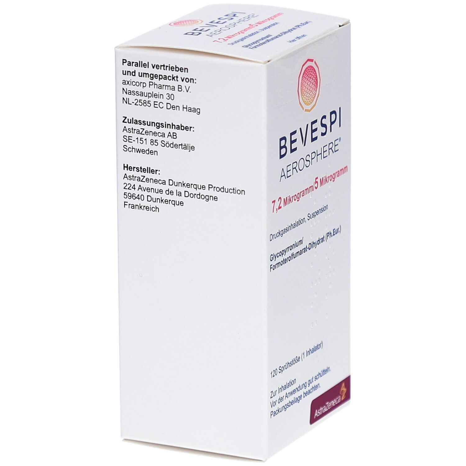 Weiße Produktverpackung mit BEVESPI Aerosphere-Logo. Enthält 7,2 Mikrogramm/5 Mikrogramm. 120 Sprühstöße. AstraZeneca-Logo.
