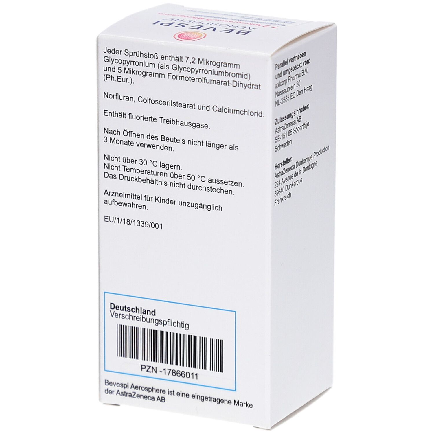 Rückseite der weißen BEVESPI Aerosphere-Verpackung. Enthält Informationen zu Inhaltsstoffen und Hersteller. Barcode und PZN-Nummer.
