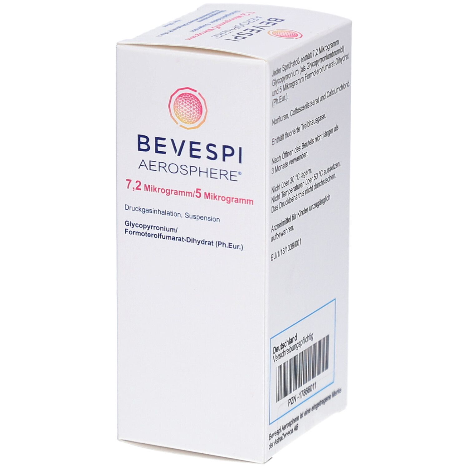 Weiße Produktverpackung mit BEVESPI Aerosphere-Logo. Enthält 7,2 Mikrogramm/5 Mikrogramm. 120 Sprühstöße. AstraZeneca-Logo.