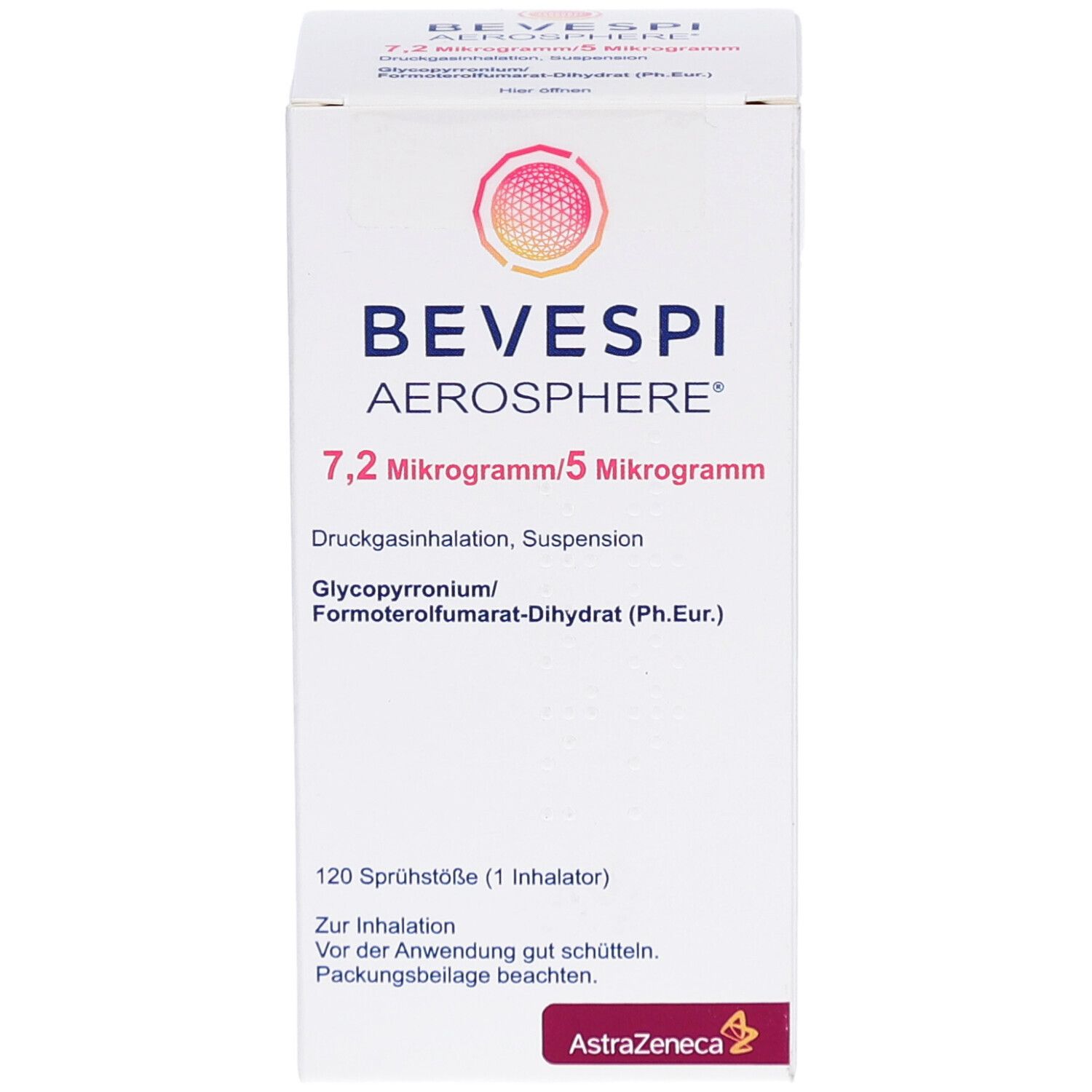 Weiße Produktverpackung mit BEVESPI Aerosphere-Logo. Enthält 7,2 Mikrogramm/5 Mikrogramm. 120 Sprühstöße. AstraZeneca-Logo.