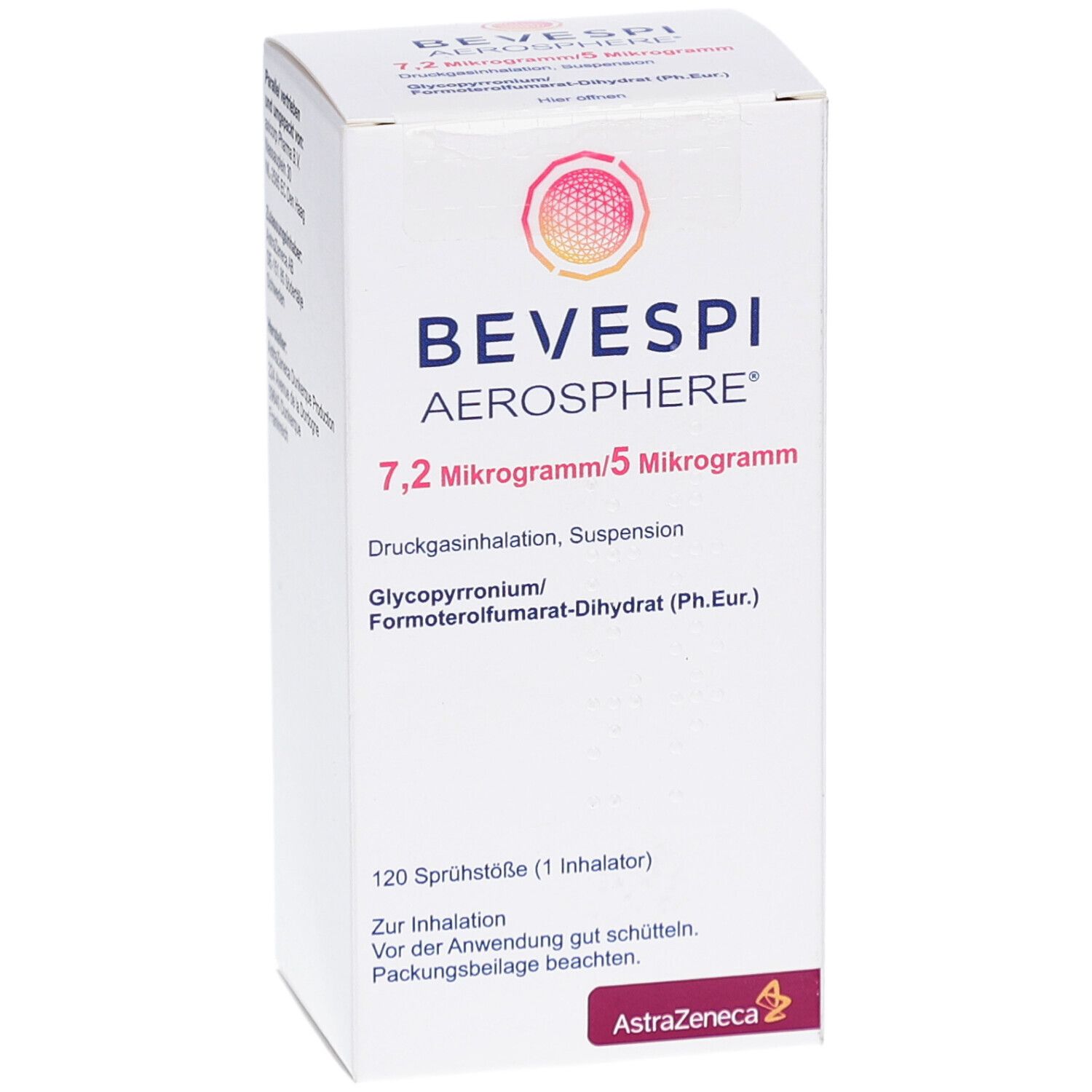 Weiße Produktverpackung mit BEVESPI Aerosphere-Logo. Enthält 7,2 Mikrogramm/5 Mikrogramm. 120 Sprühstöße. AstraZeneca-Logo.