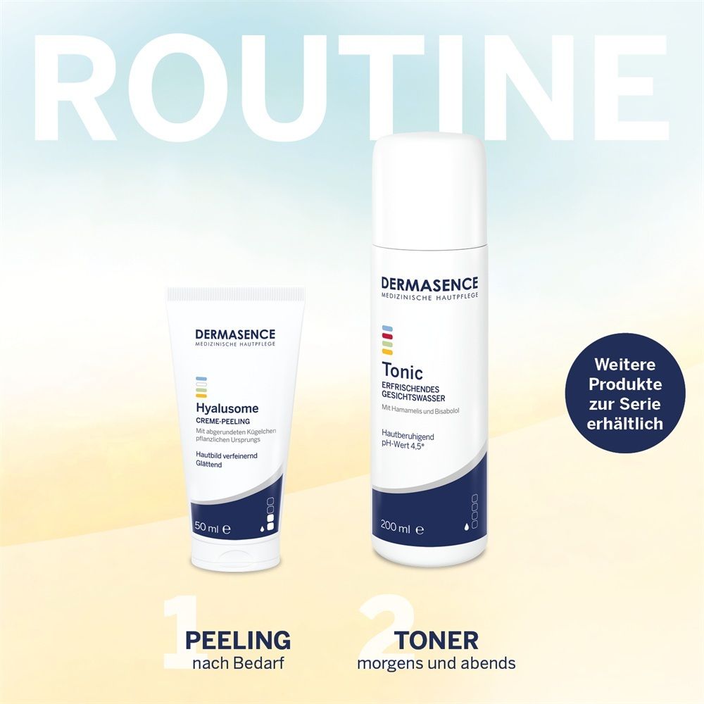 Dermasence Hyalusome Creme-Peeling (50ml) und Dermasence Tonic (200ml).