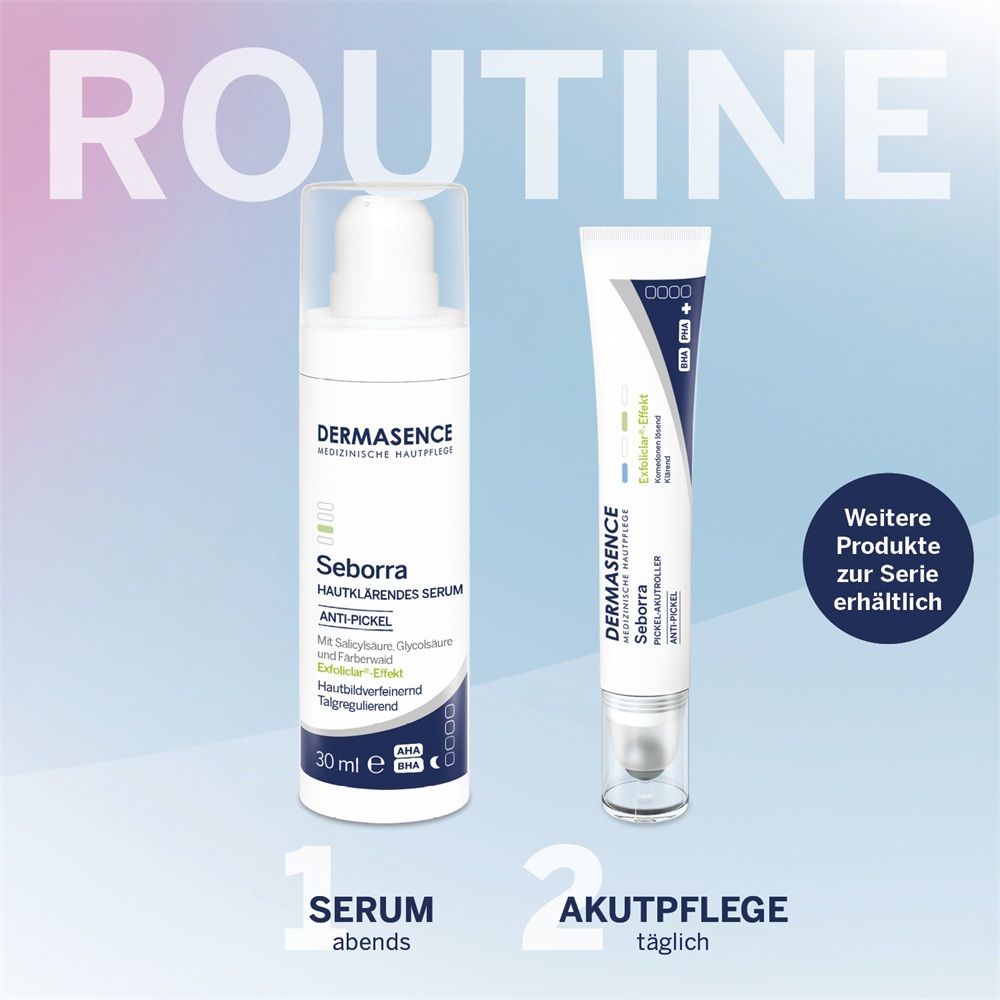 DERMASENCE Seborra Anti-Pickel Hautklärendes Serum 30 ml und Akutpflege Tube.