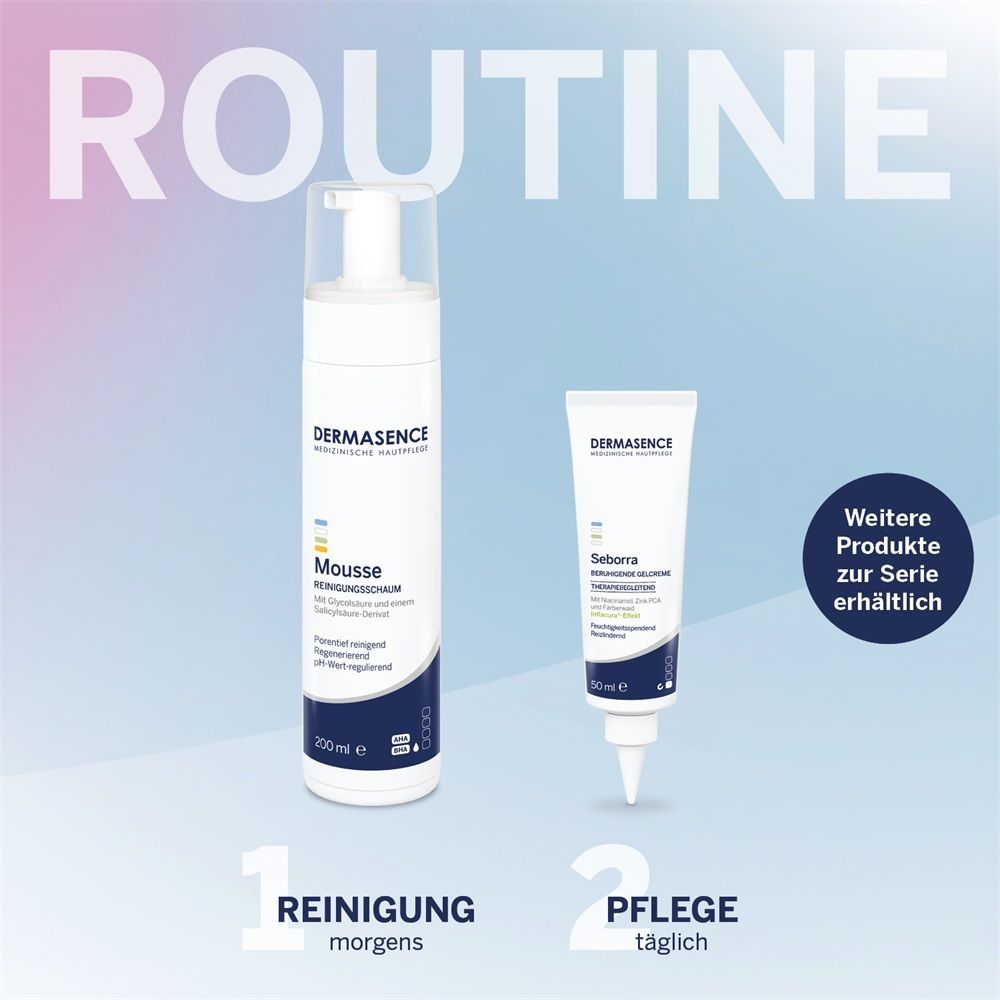 Dermasence Mousse Reinigungsschaum (200ml) und Dermasence Seborra Zink-Reparatur-Creme (50ml).