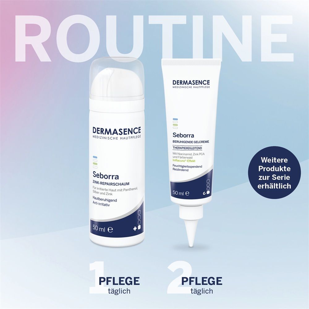 Dermasence Seborra Zink-Repairschaum (50ml) und Dermasence Seborra Zink-Reparatur-Creme (50ml).