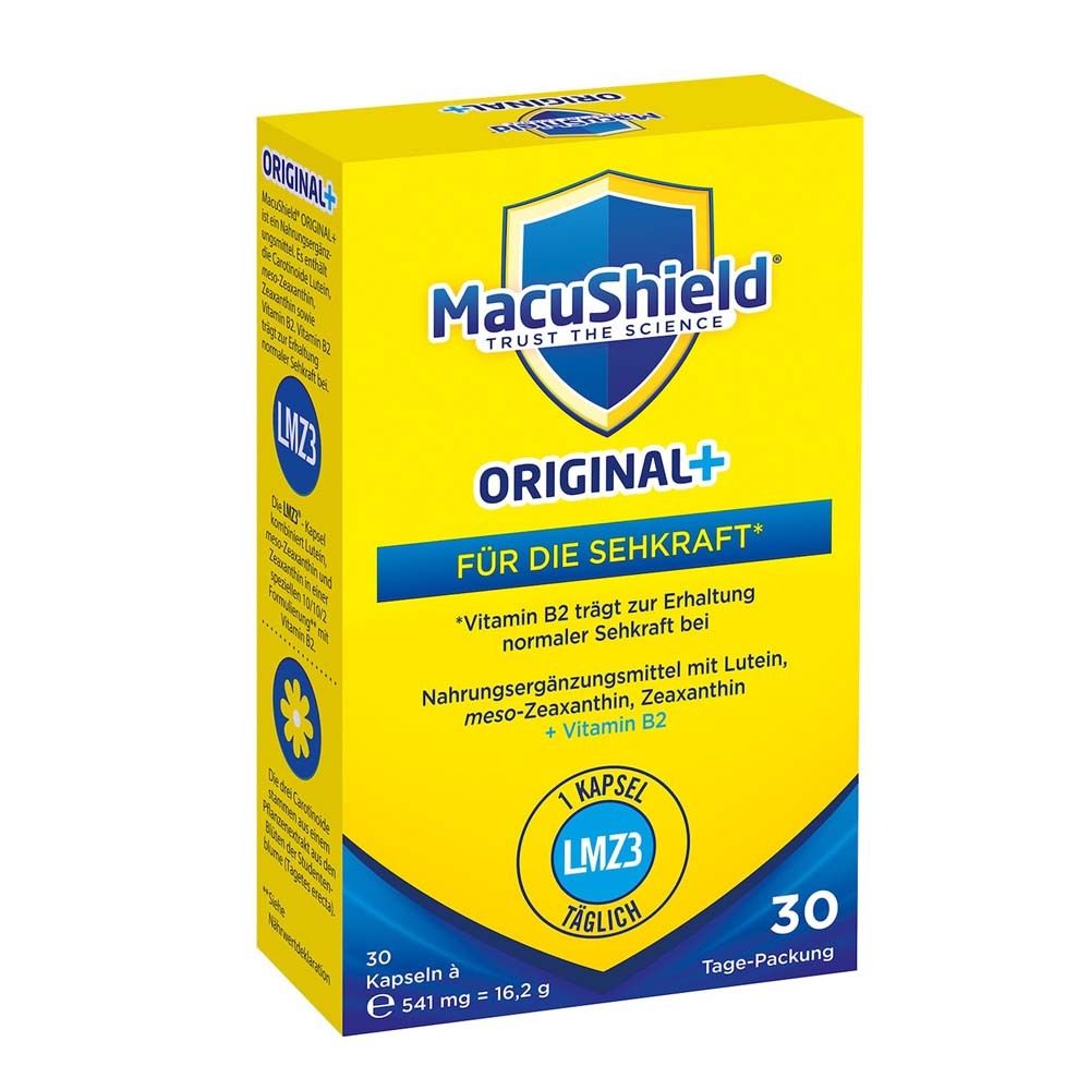 Gelbe Schachtel mit MacuShield ORIGINAL+. Enthält 30 Kapseln. Text: Für die Sehkraft. LMZ3 täglich.
