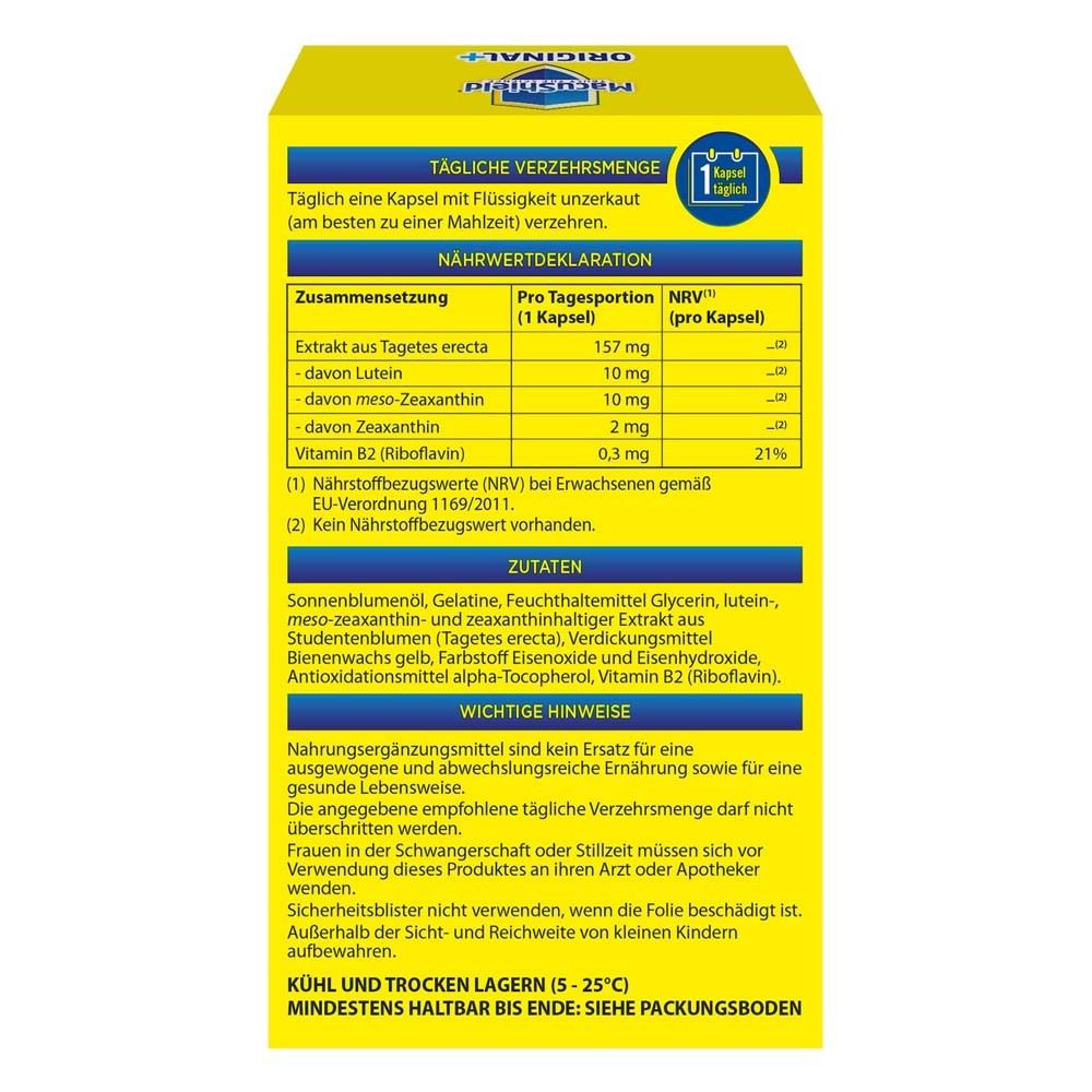 Rückseite der MacuShield ORIGINAL+ Packung. Enthält Nährwertdeklaration und Zutaten. Kühl und trocken lagern.