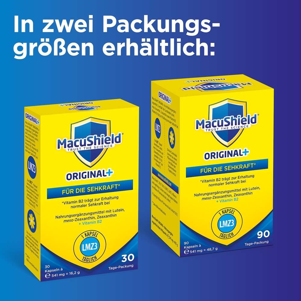 Zwei MacuShield ORIGINAL+ Packungen. 30 und 90 Kapseln. Text: Für die Sehkraft.