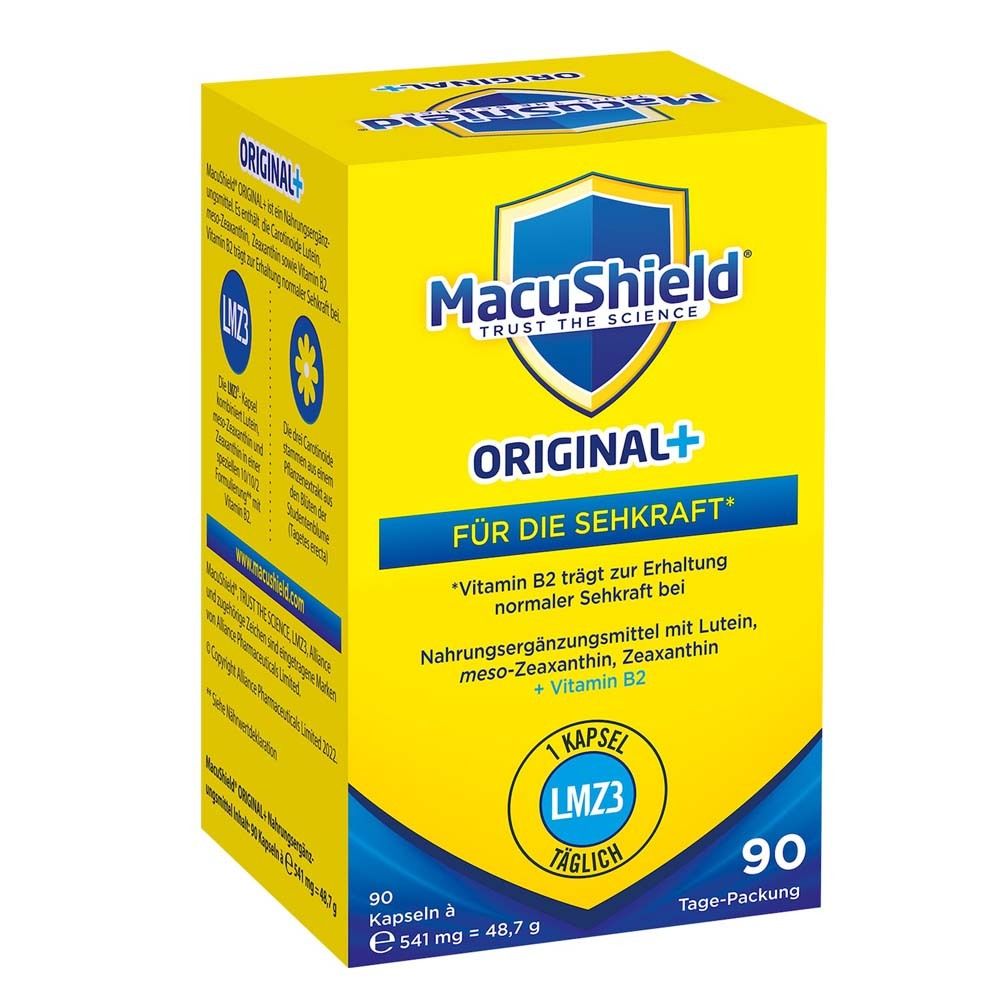 Gelbe Schachtel mit MacuShield ORIGINAL+. Enthält 90 Kapseln. LMZ3-Formel. Für die Sehkraft.
