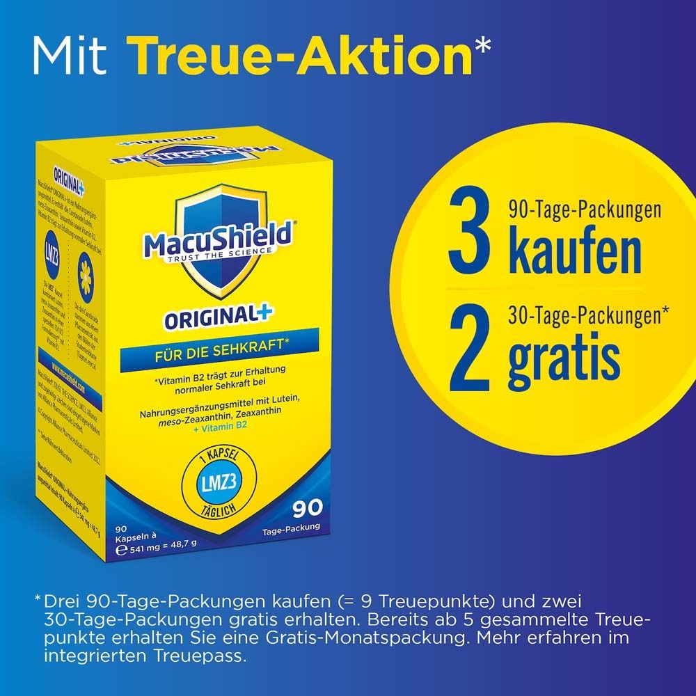 MacuShield ORIGINAL+ Packung. 3 kaufen, 2 gratis. Gelber Hintergrund.