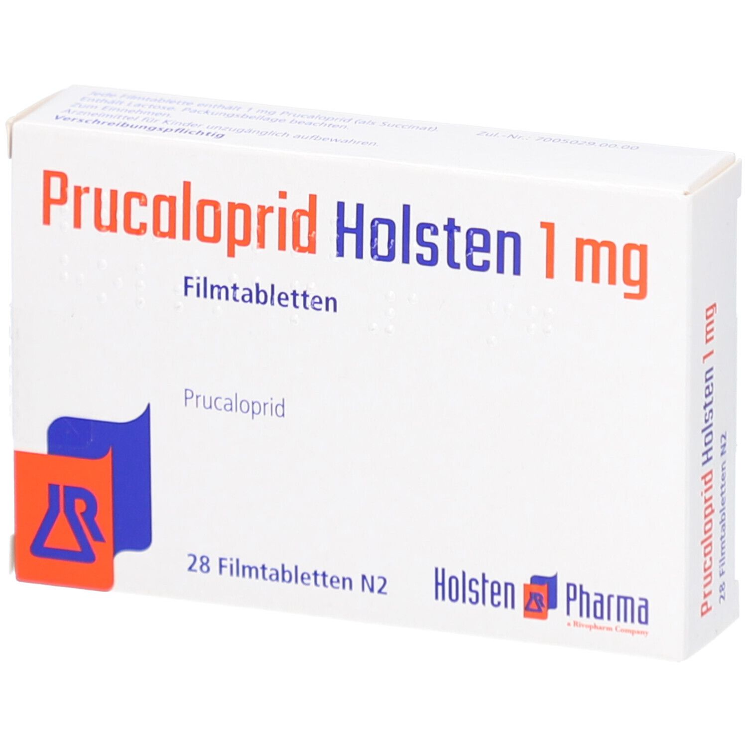 Schachtel mit PRUCALOPRID Holsten 1 mg Filmtabletten. Aufschrift: 28 Filmtabletten N2. Logo von Holsten Pharma.