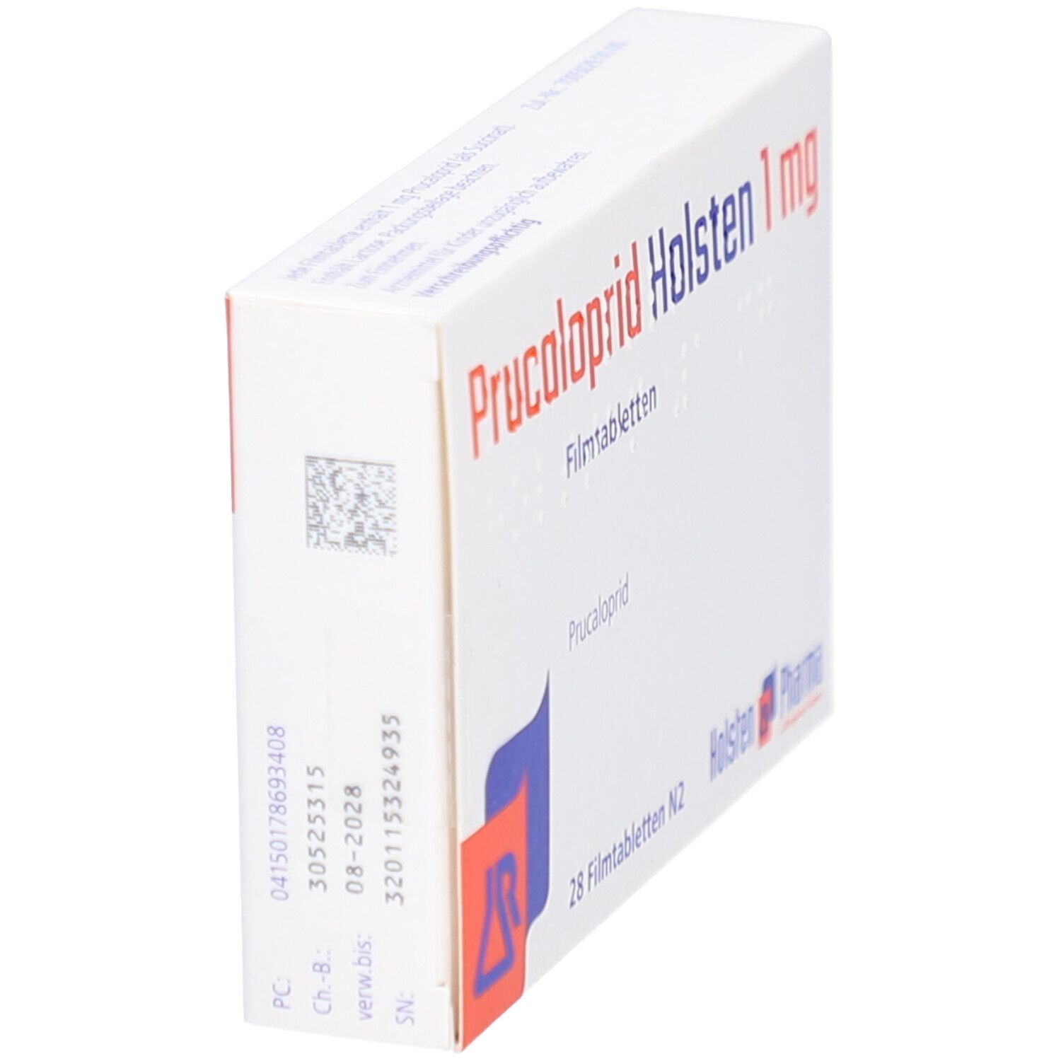 Seitenansicht der Schachtel mit PRUCALOPRID Holsten 1 mg Filmtabletten. Aufschrift: 28 Filmtabletten N2. Logo Holsten Pharma.