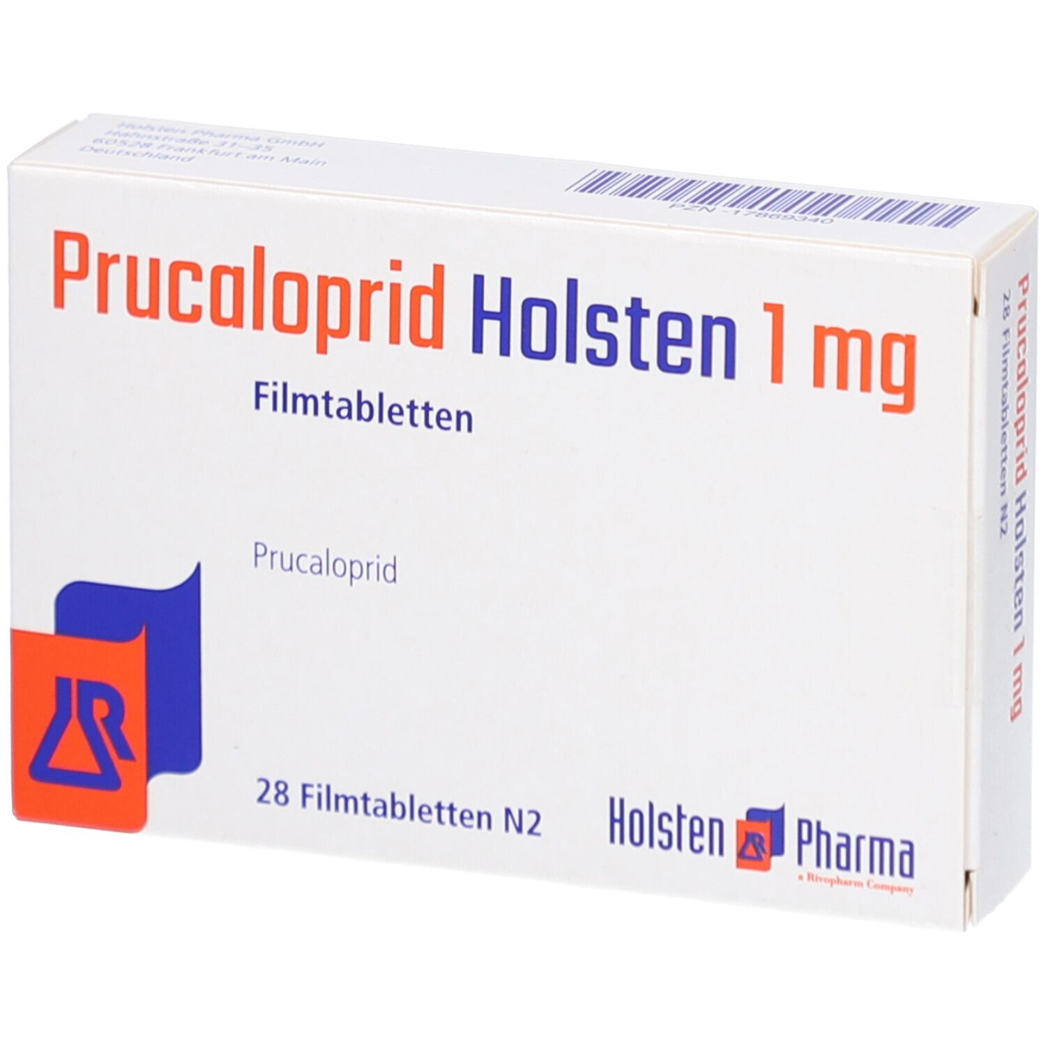 Schachtel mit PRUCALOPRID Holsten 1 mg Filmtabletten. Aufschrift: 28 Filmtabletten N2. Logo von Holsten Pharma.