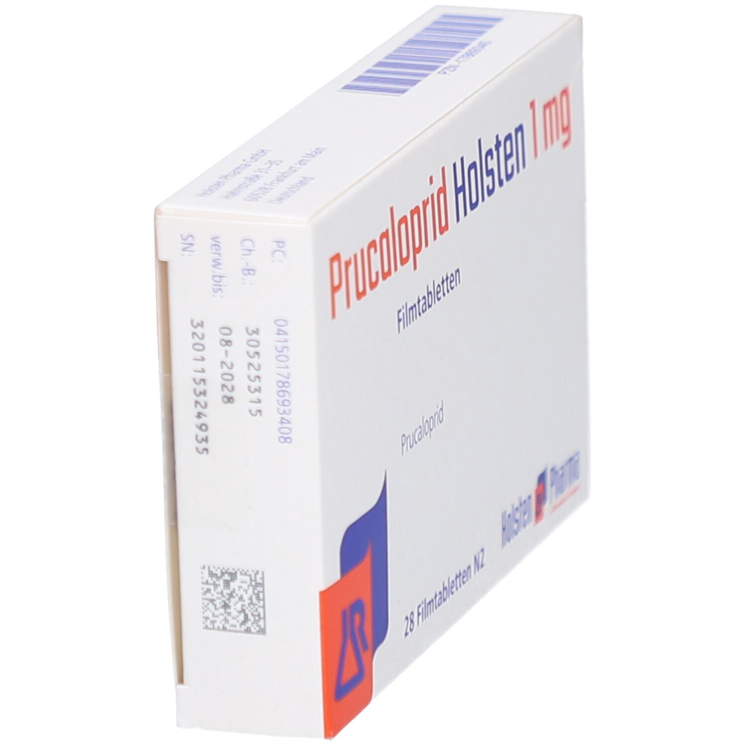 Seitenansicht der Schachtel mit PRUCALOPRID Holsten 1 mg Filmtabletten. Aufschrift: 28 Filmtabletten N2. Logo Holsten Pharma.