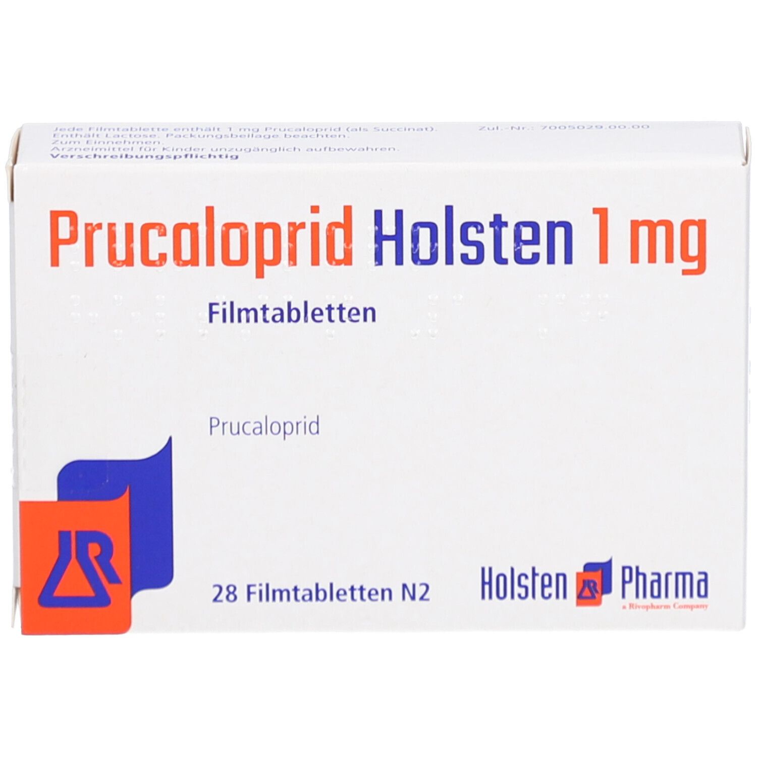 Schachtel mit PRUCALOPRID Holsten 1 mg Filmtabletten. Aufschrift: 28 Filmtabletten N2. Logo von Holsten Pharma.