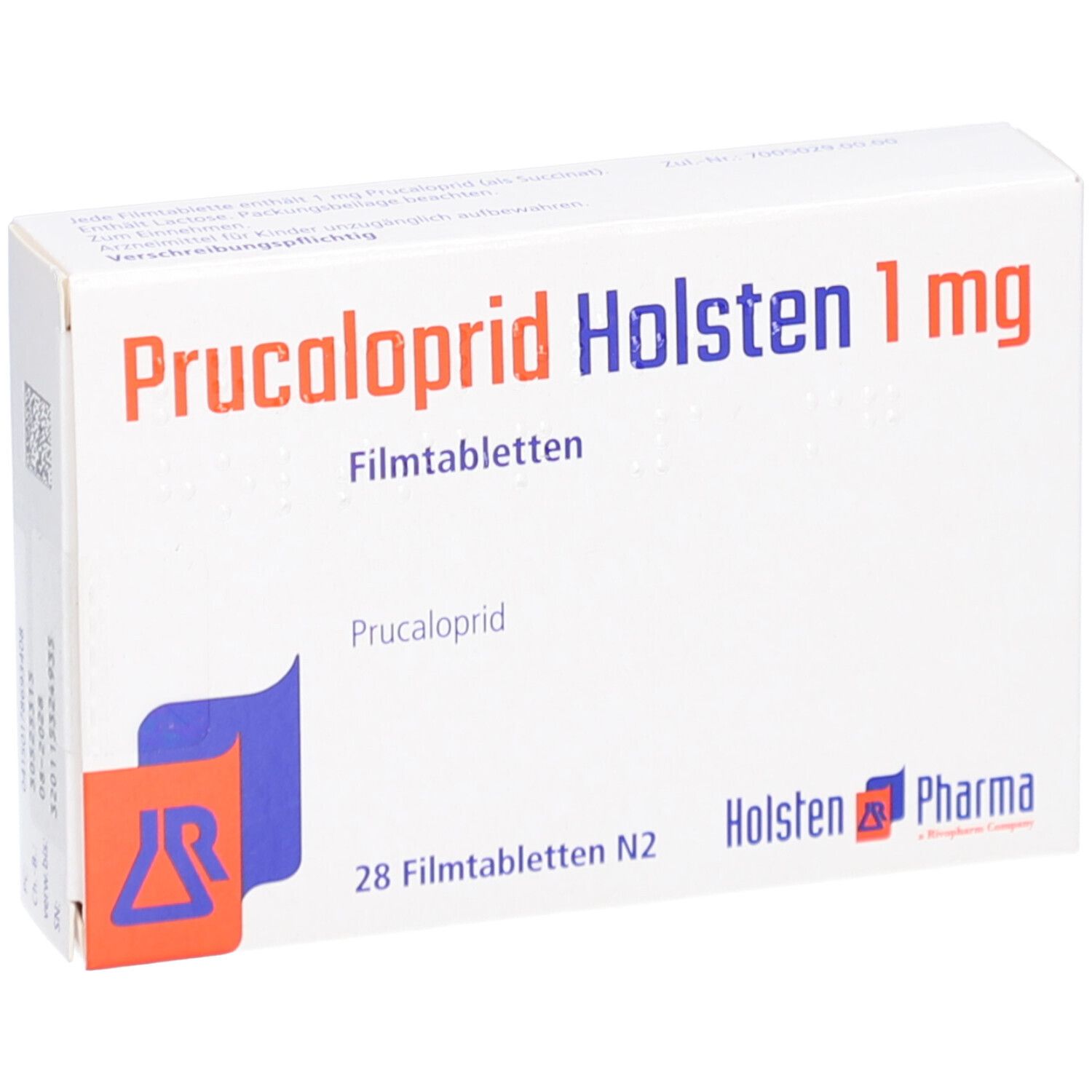 Schachtel mit PRUCALOPRID Holsten 1 mg Filmtabletten. Aufschrift: 28 Filmtabletten N2. Logo von Holsten Pharma.
