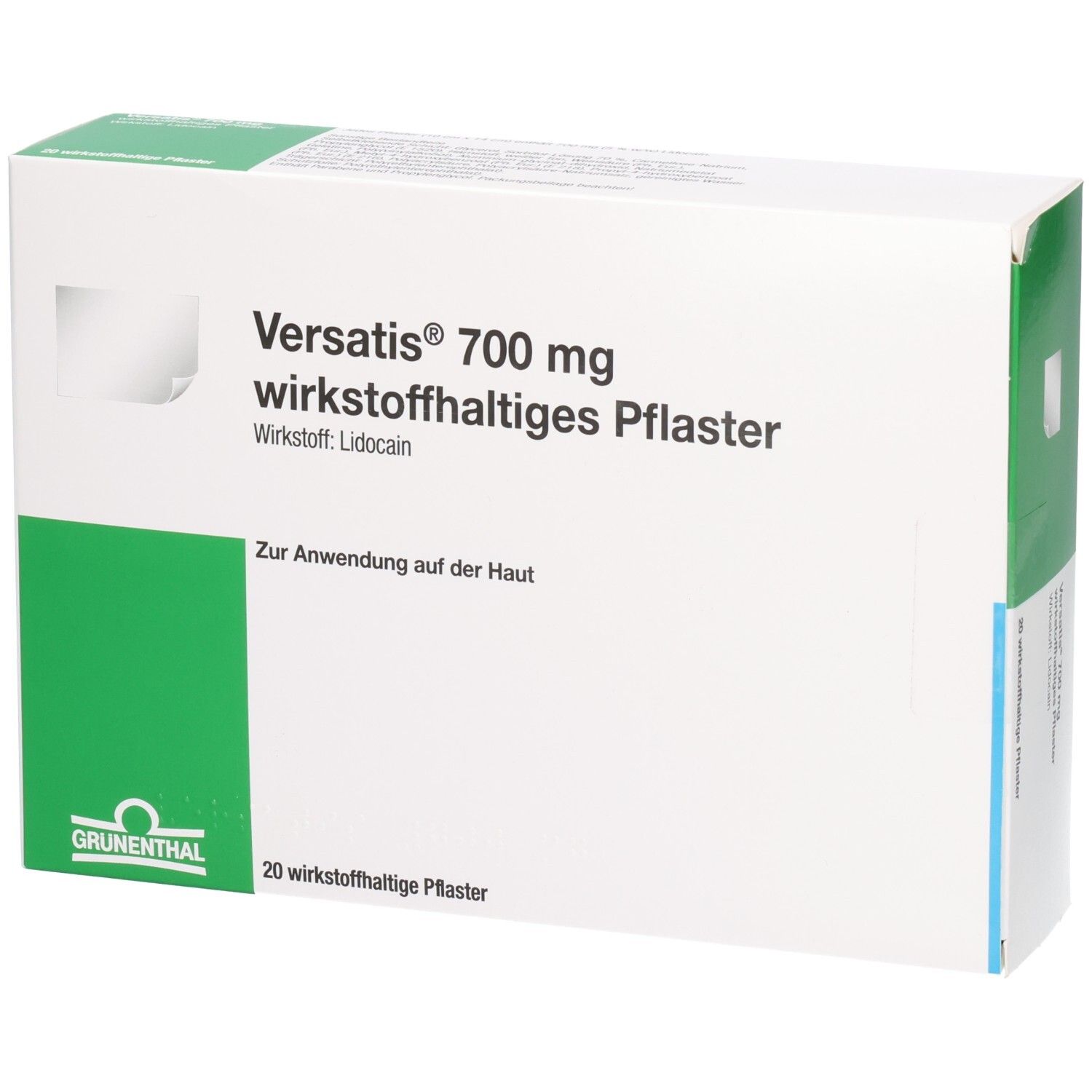 Verpackung von Versatis 700 mg wirkstoffhaltiges Pflaster, 20 Stück.