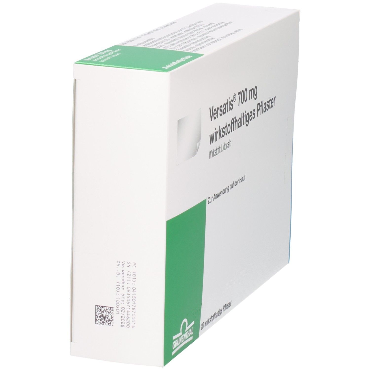 Seitenansicht der Verpackung von Versatis 700 mg wirkstoffhaltiges Pflaster.