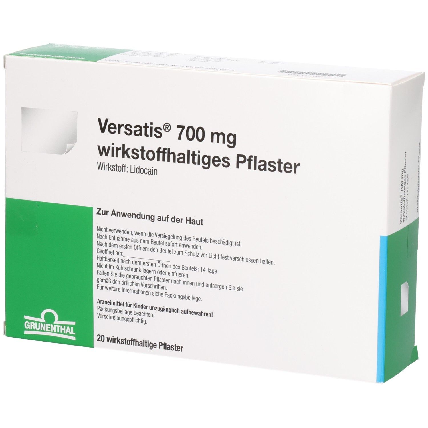 Rückseite der Verpackung von Versatis 700 mg wirkstoffhaltiges Pflaster mit Anwendungshinweisen.