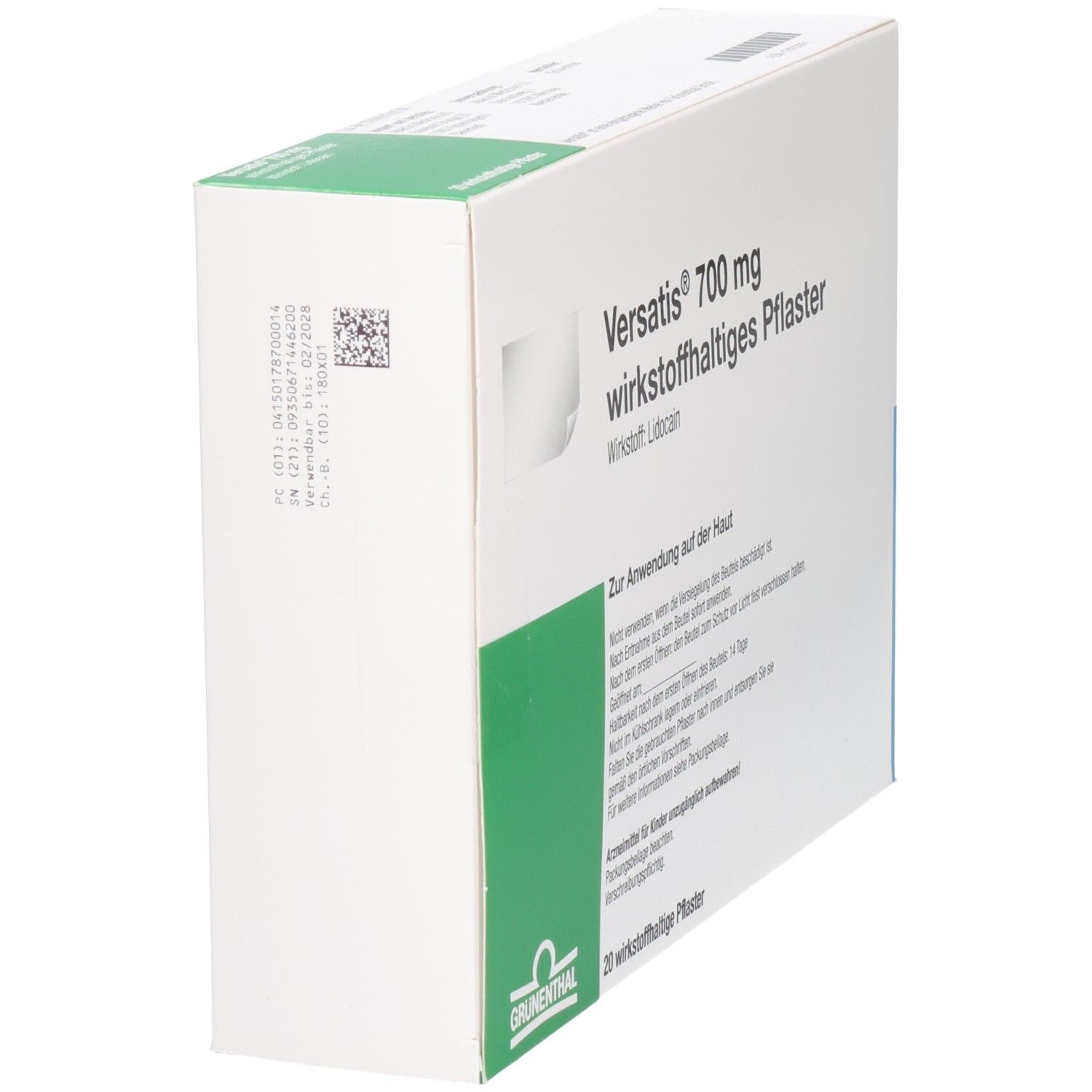 Seitenansicht der Verpackung von Versatis 700 mg wirkstoffhaltiges Pflaster mit Chargennummer.