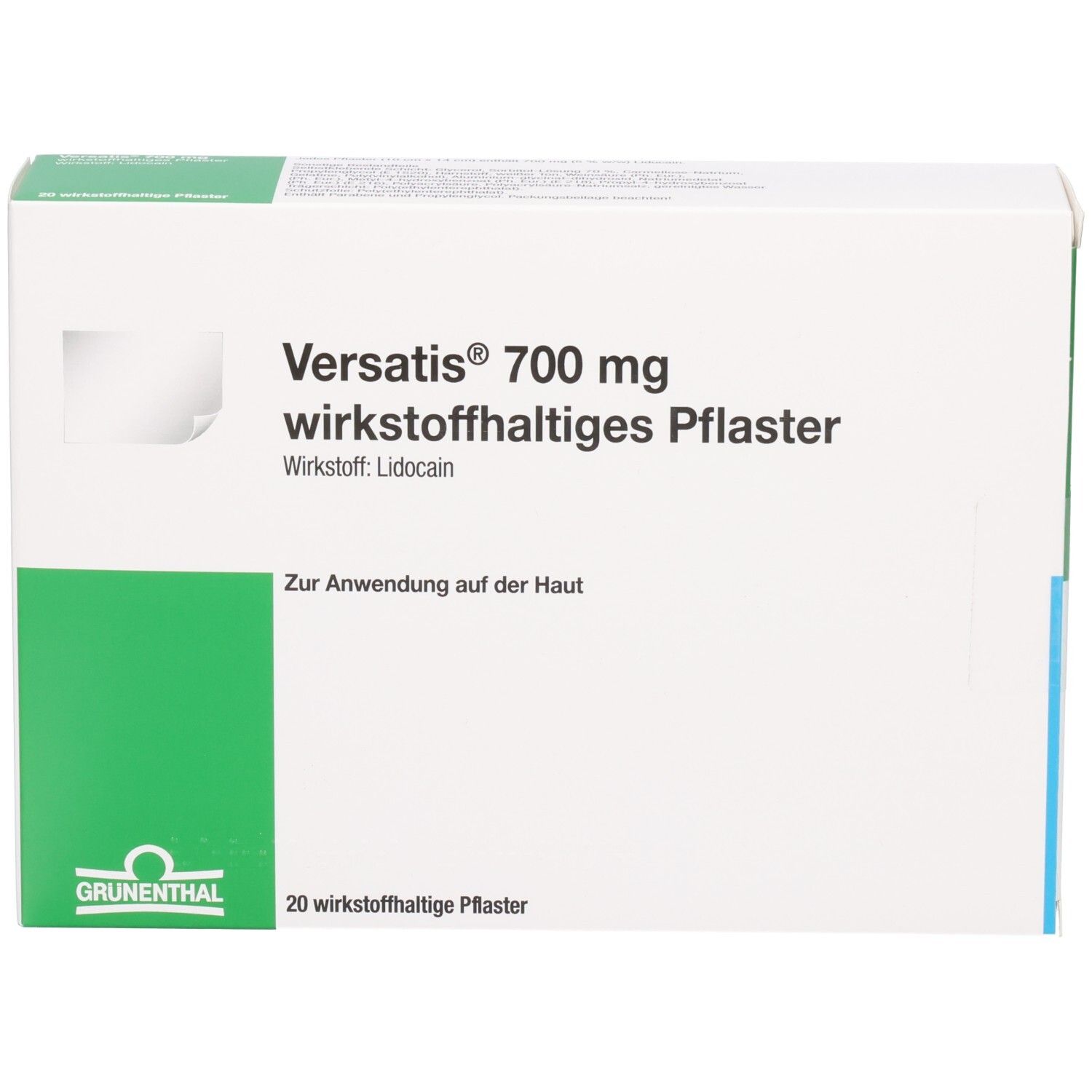 Verpackung von Versatis 700 mg wirkstoffhaltiges Pflaster, 20 Stück, GRUNENTHAL Logo.