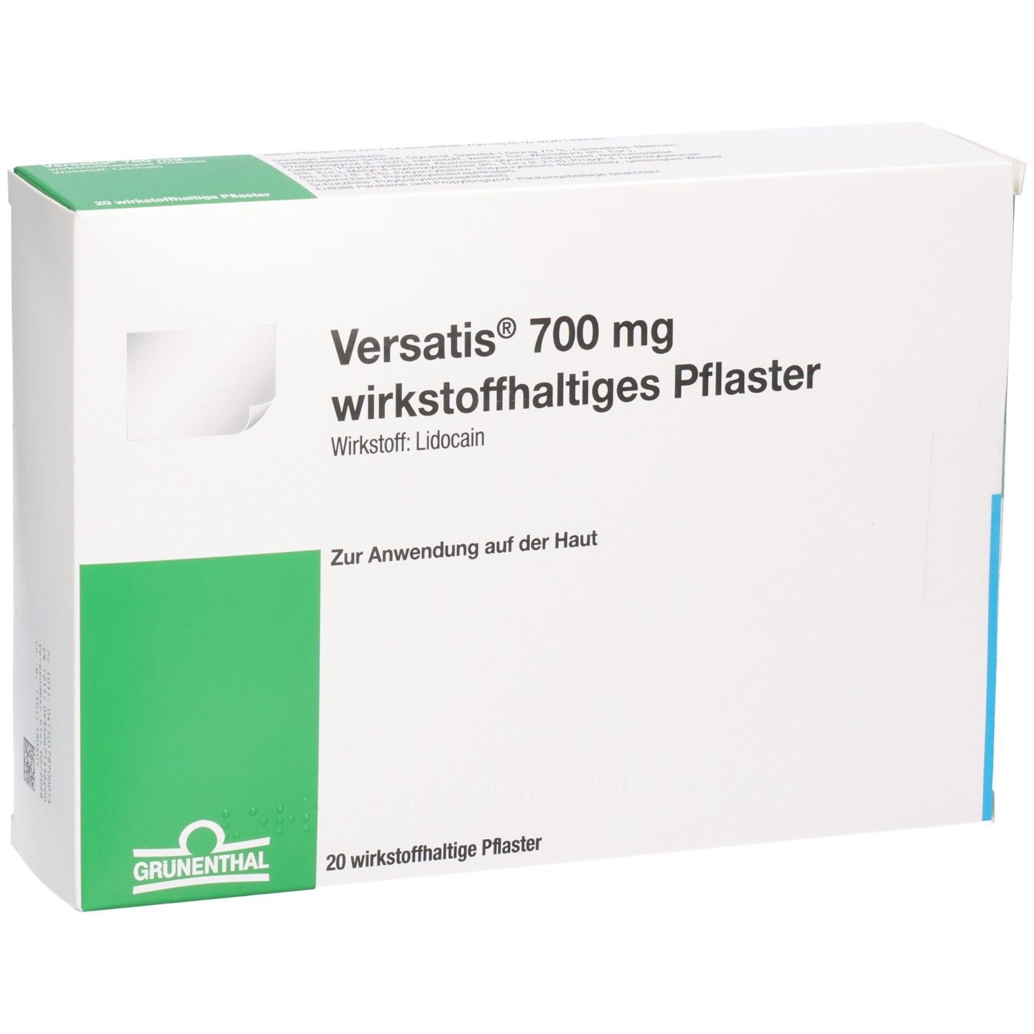 Vorderseite der Verpackung von Versatis 700 mg wirkstoffhaltiges Pflaster.