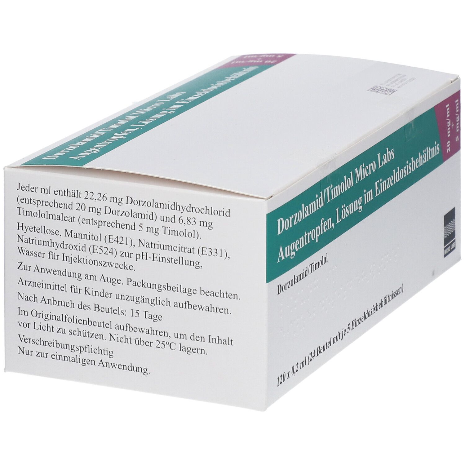 Weiße Faltschachtel mit Text. Enthält 22,26 mg Dorzolamidhydrochlorid und 6,83 mg Timololmaleat. 120 x 0,2 ml.