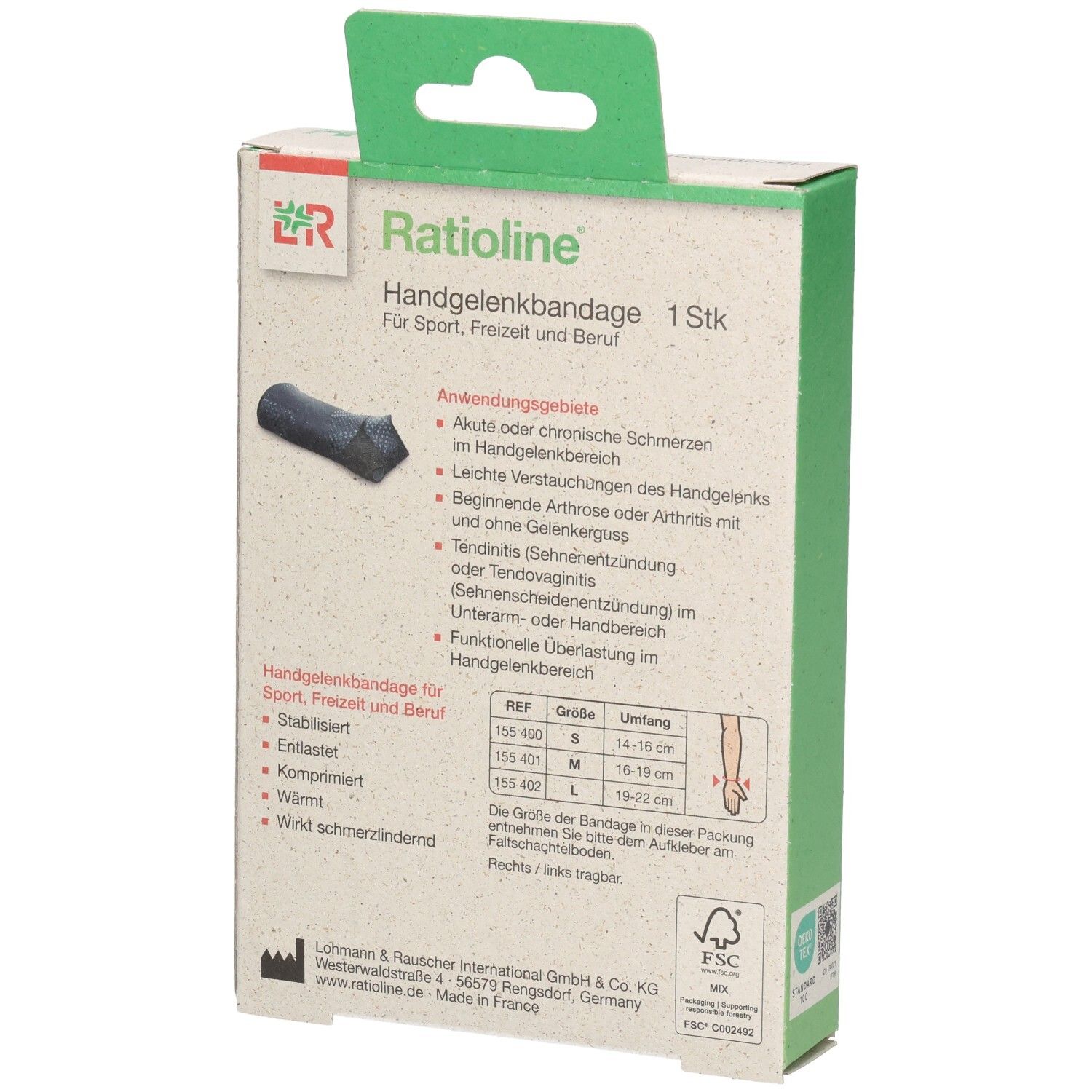 Ratioline Handgelenkbandage Kartonverpackung, Rückseite mit Anwendungshinweisen und Größentabelle.