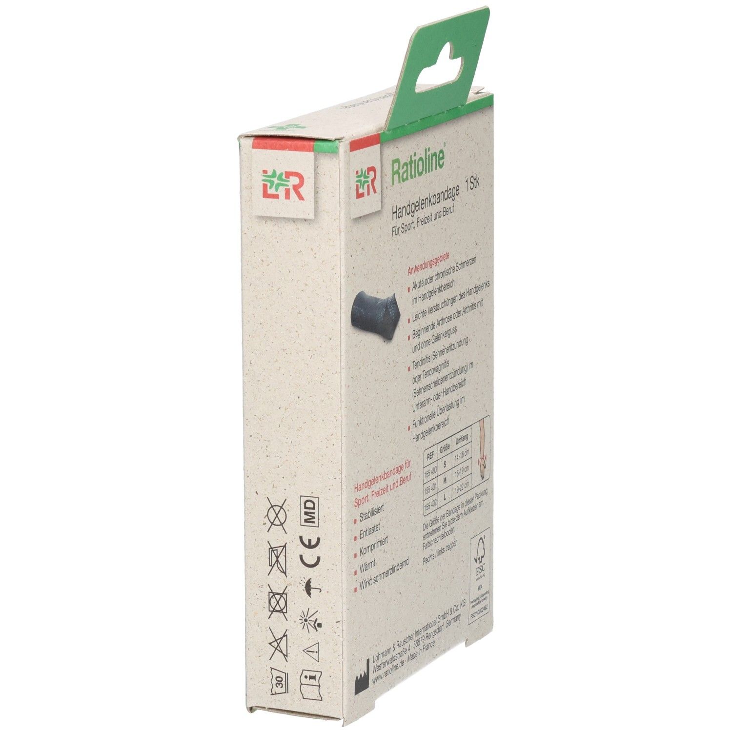 Ratioline Handgelenkbandage Kartonverpackung, Seitenansicht mit medizinischen Symbolen.