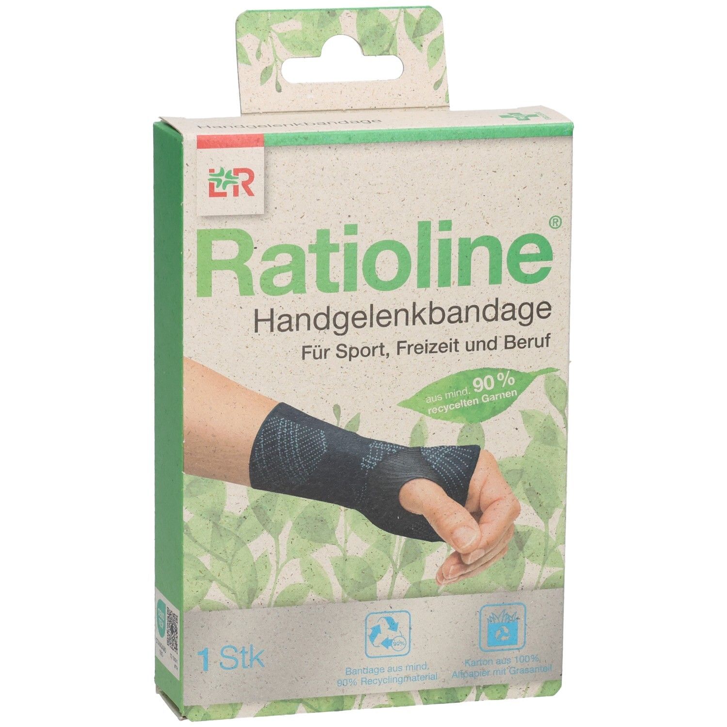 Ratioline Handgelenkbandage Kartonverpackung mit Abbildung einer Hand mit Bandage.