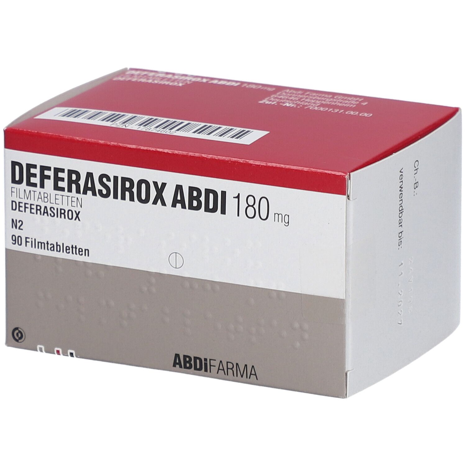 Schachtel DEFERASIROX ABDI 180 mg Filmtabletten. Rote und weiße Verpackung. Aufschrift: DEFERASIROX ABDI 180 mg, 90 Filmtabletten.