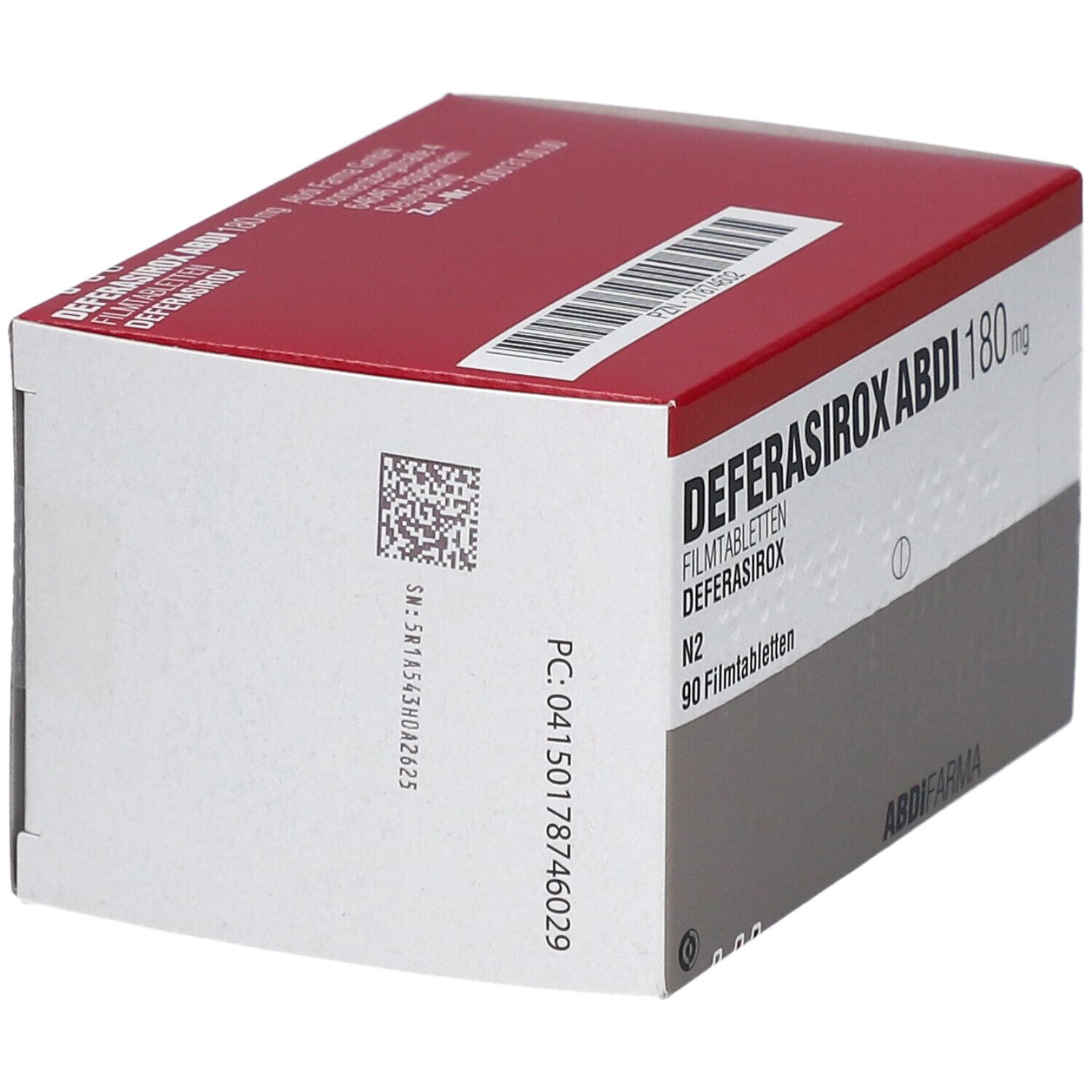 Schachtel DEFERASIROX ABDI 180 mg Filmtabletten. Rote und weiße Verpackung. Aufschrift: DEFERASIROX ABDI 180 mg, 90 Filmtabletten. Barcode.