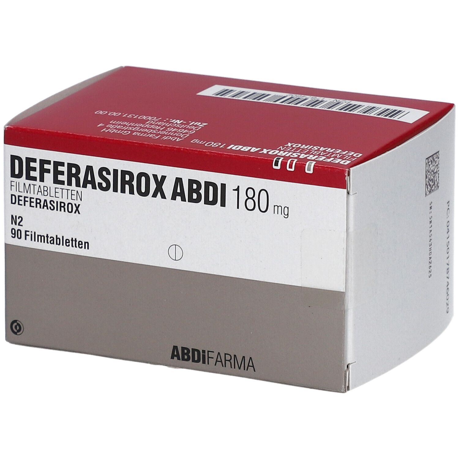 Schachtel DEFERASIROX ABDI 180 mg Filmtabletten. Rote und weiße Verpackung. Aufschrift: DEFERASIROX ABDI 180 mg, 90 Filmtabletten.