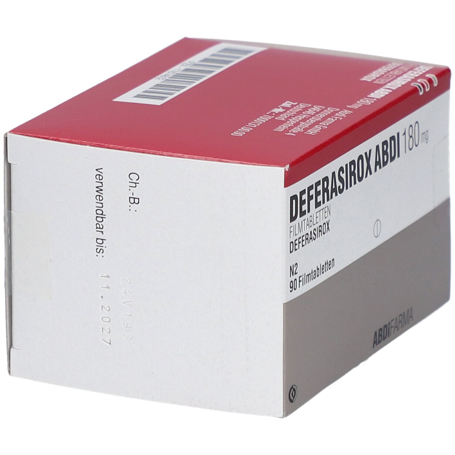 Schachtel DEFERASIROX ABDI 180 mg Filmtabletten. Rote und weiße Verpackung. Aufschrift: DEFERASIROX ABDI 180 mg, 90 Filmtabletten. Verfallsdatum.