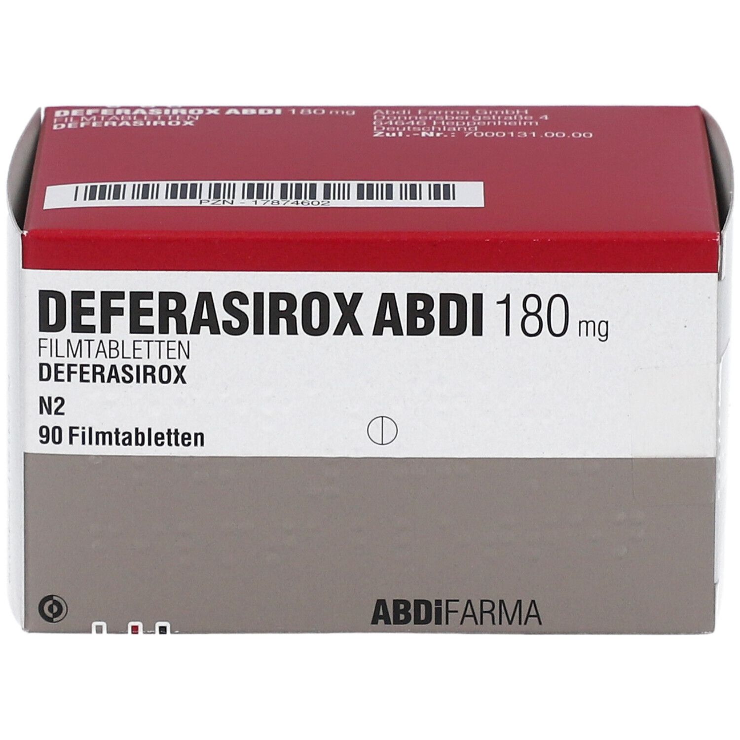 Schachtel DEFERASIROX ABDI 180 mg Filmtabletten. Rote und weiße Verpackung. Aufschrift: DEFERASIROX ABDI 180 mg, 90 Filmtabletten.