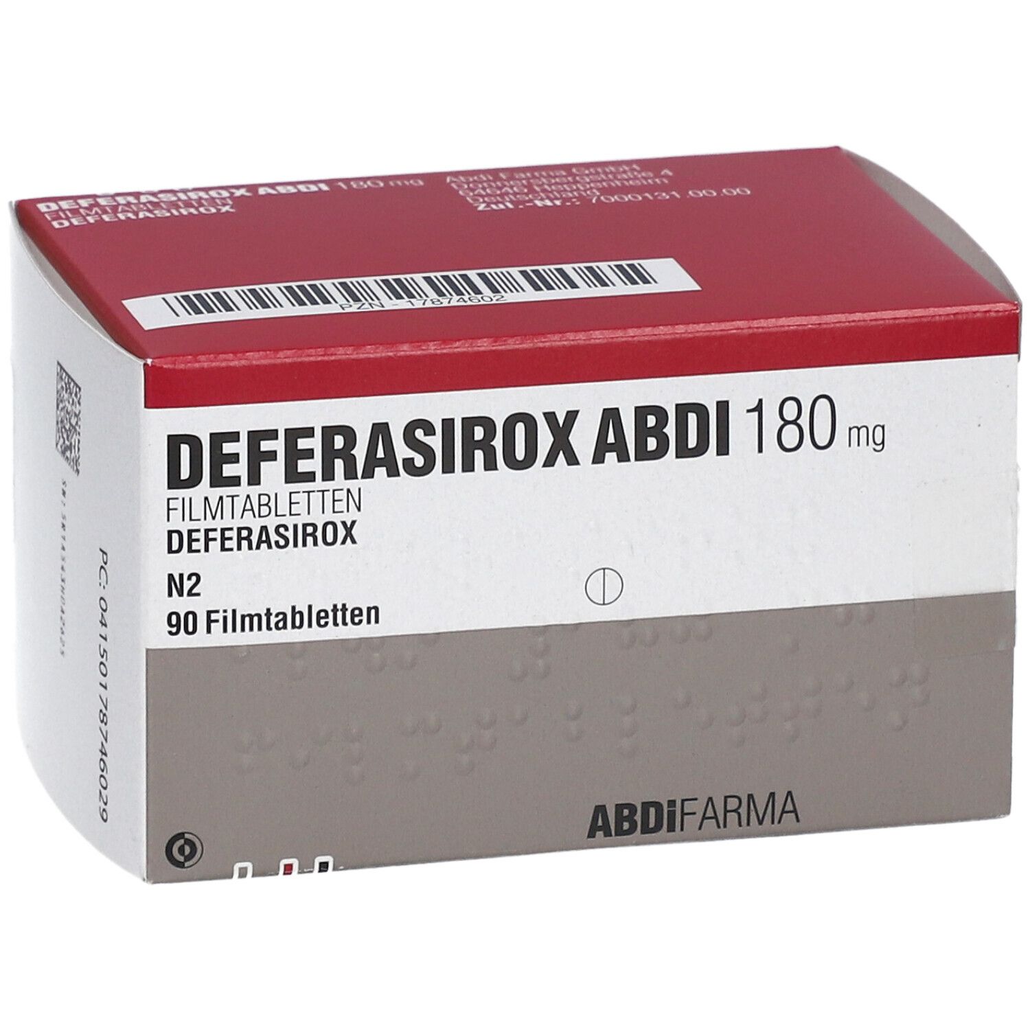 Schachtel DEFERASIROX ABDI 180 mg Filmtabletten. Rote und weiße Verpackung. Aufschrift: DEFERASIROX ABDI 180 mg, 90 Filmtabletten.
