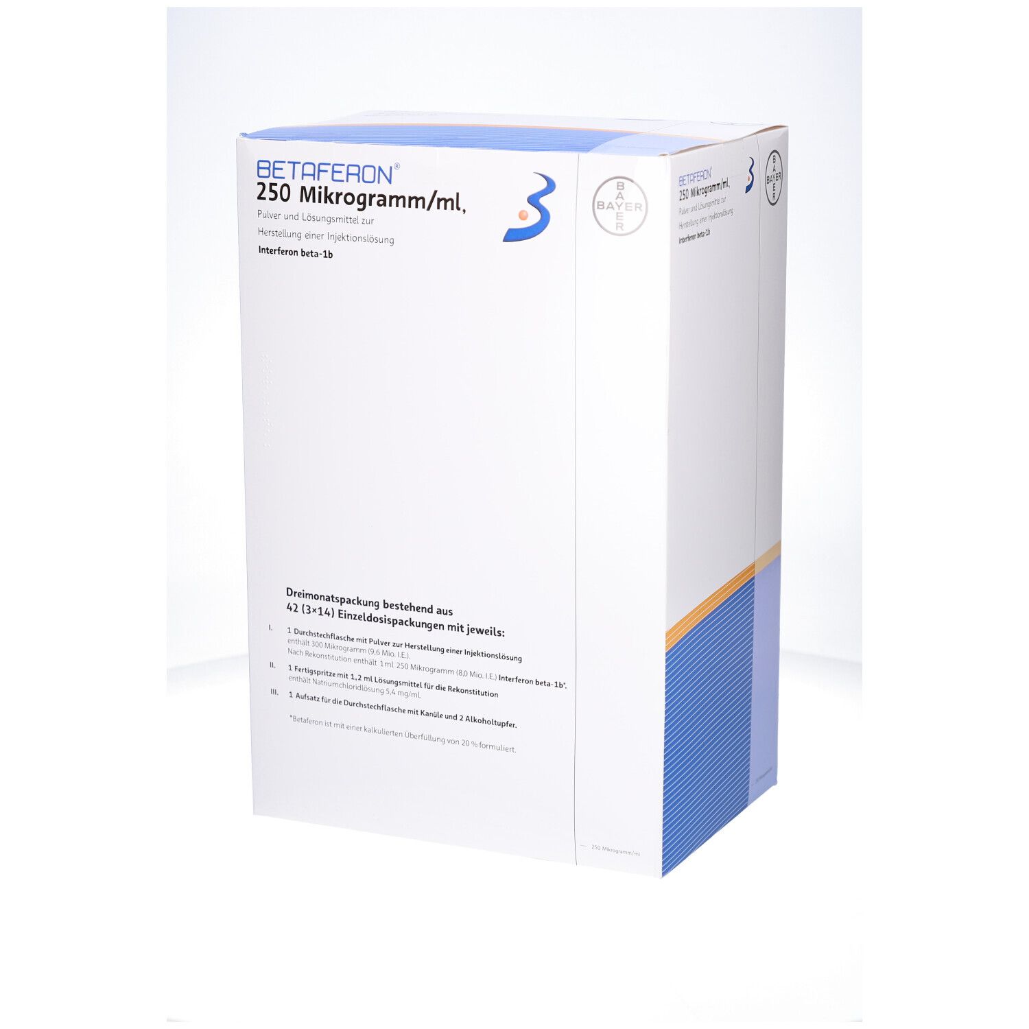 Weißer Karton mit blauen und orangen Akzenten. Beschriftung: BETAFERON 250 Mikrogramm/ml. Bayer-Logo. 3 Monatspackung.