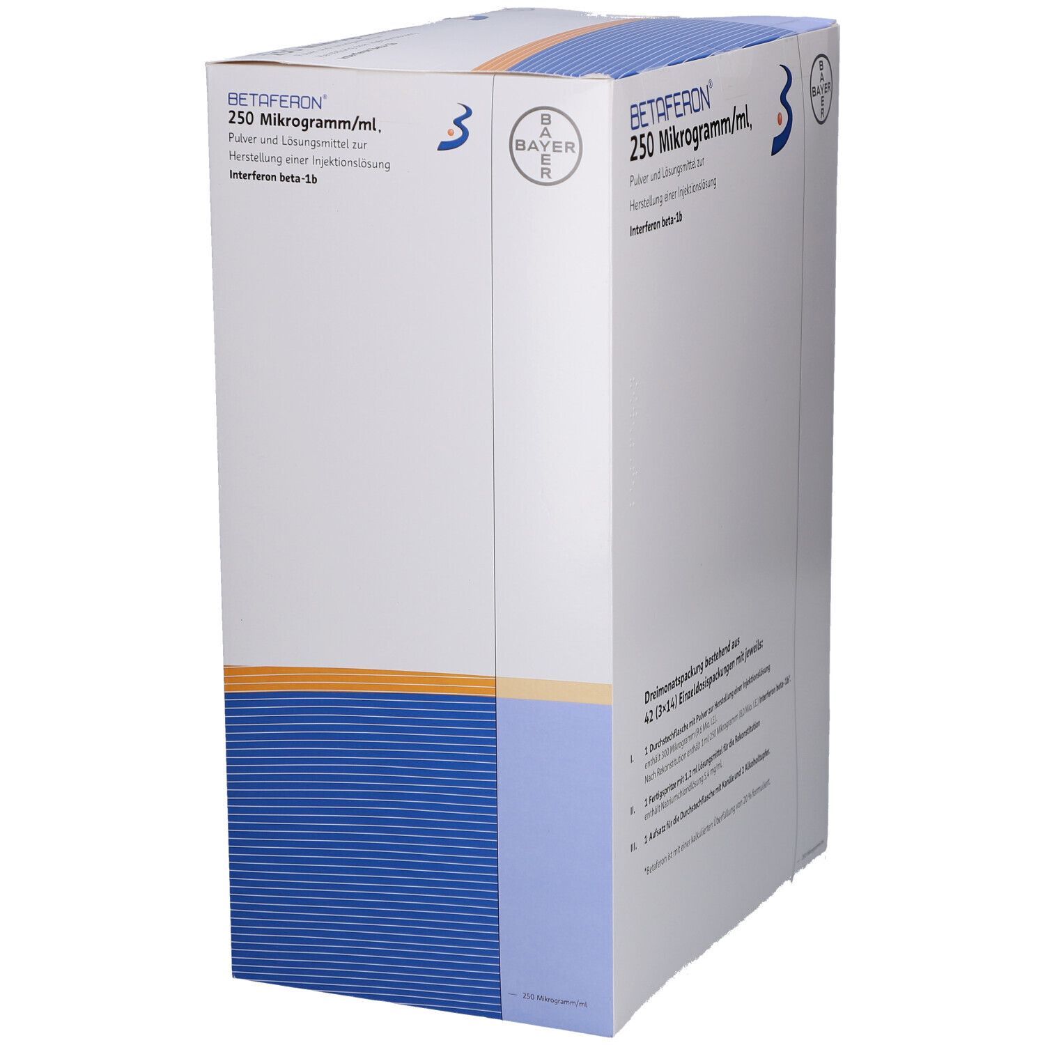 Weißer Karton mit blauen und orangen Akzenten. Beschriftung: BETAFERON 250 Mikrogramm/ml. Bayer-Logo. 3 Monatspackung.