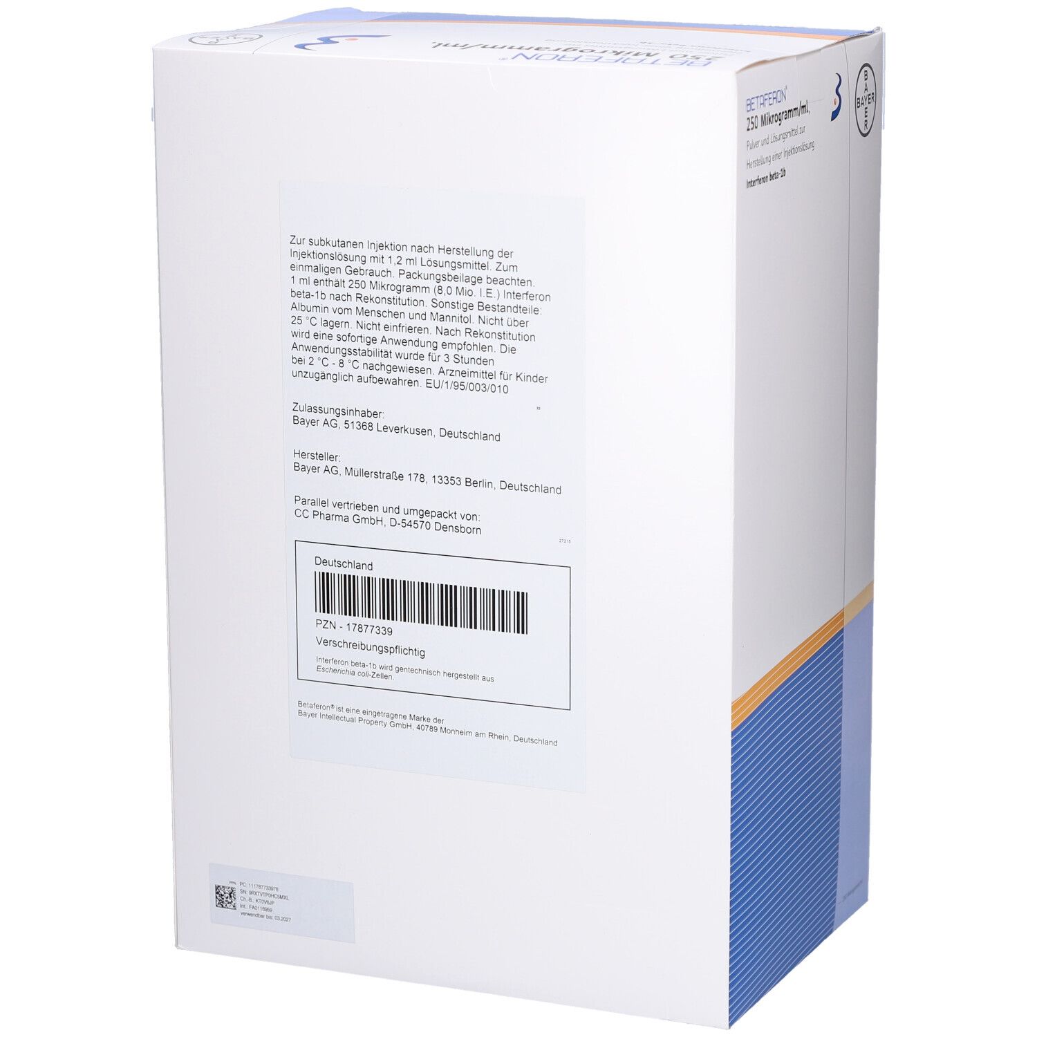 Rückseite eines weißen Kartons. Textinformationen und Barcode. Bayer-Logo. Beschriftung: BETAFERON 250 Mikrogramm/ml.